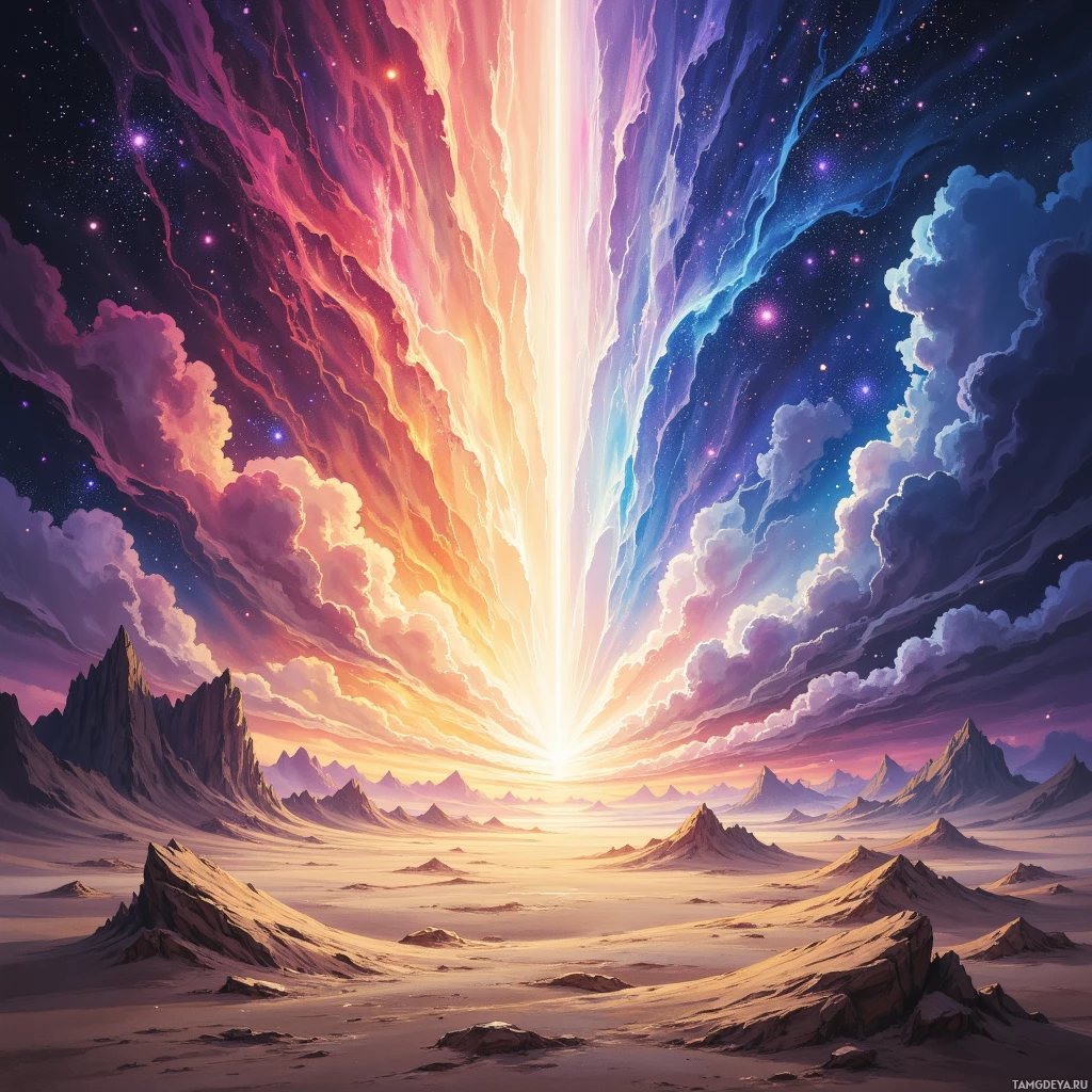 Яркий, неземной пейзаж с сияющим источником света и усыпанным звездами небом.