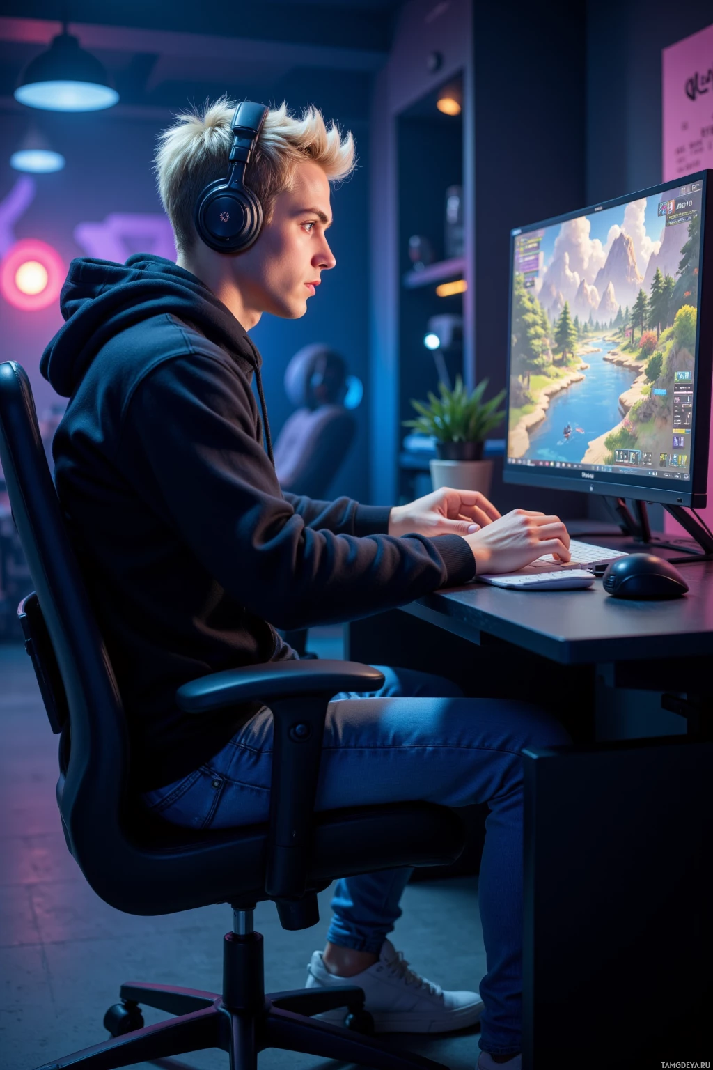 Человек в наушниках сидит за столом, увлечённо глядя на экран компьютера с красивой игровой сценой.