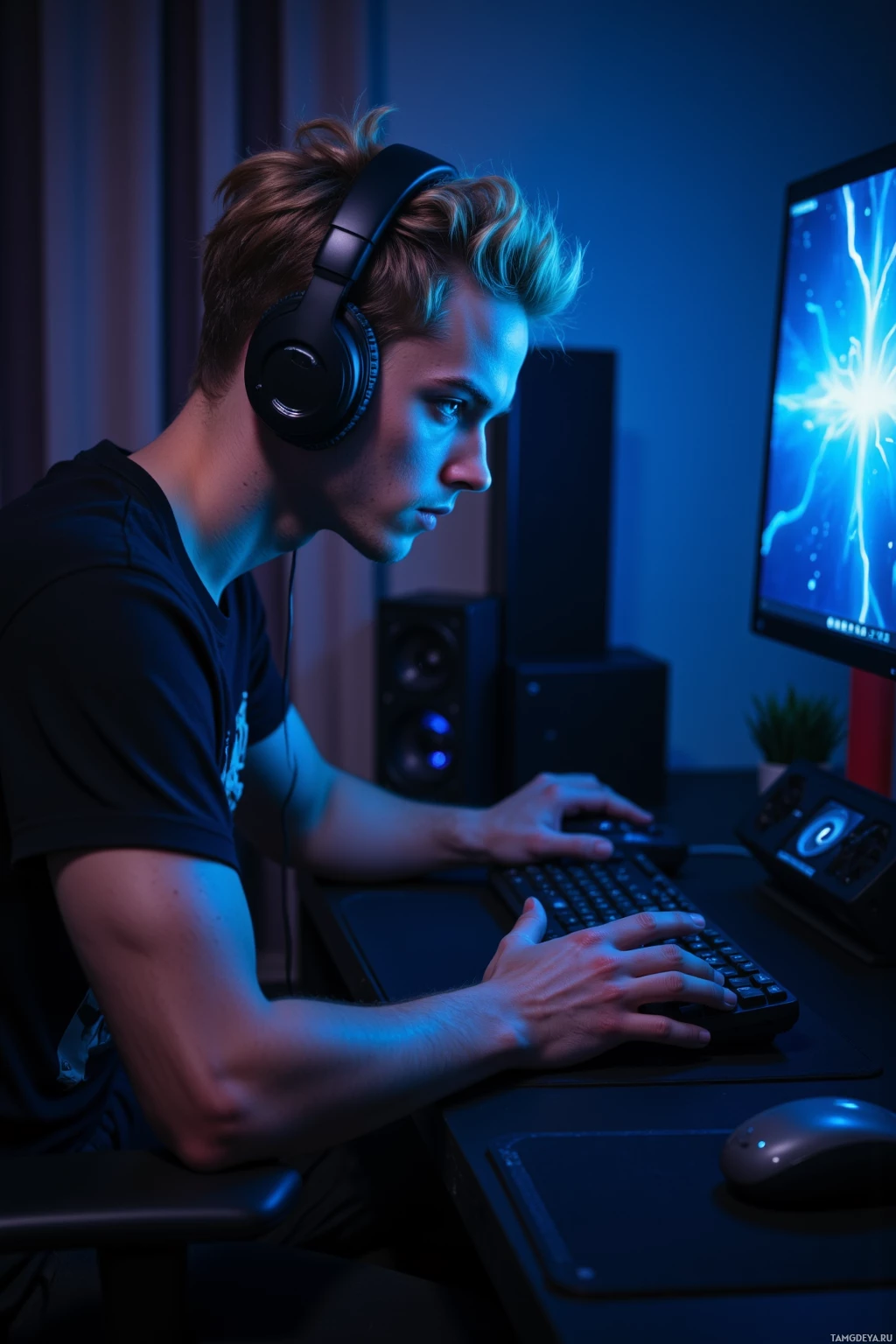 Человек в наушниках сидит за столом и работает за компьютером.