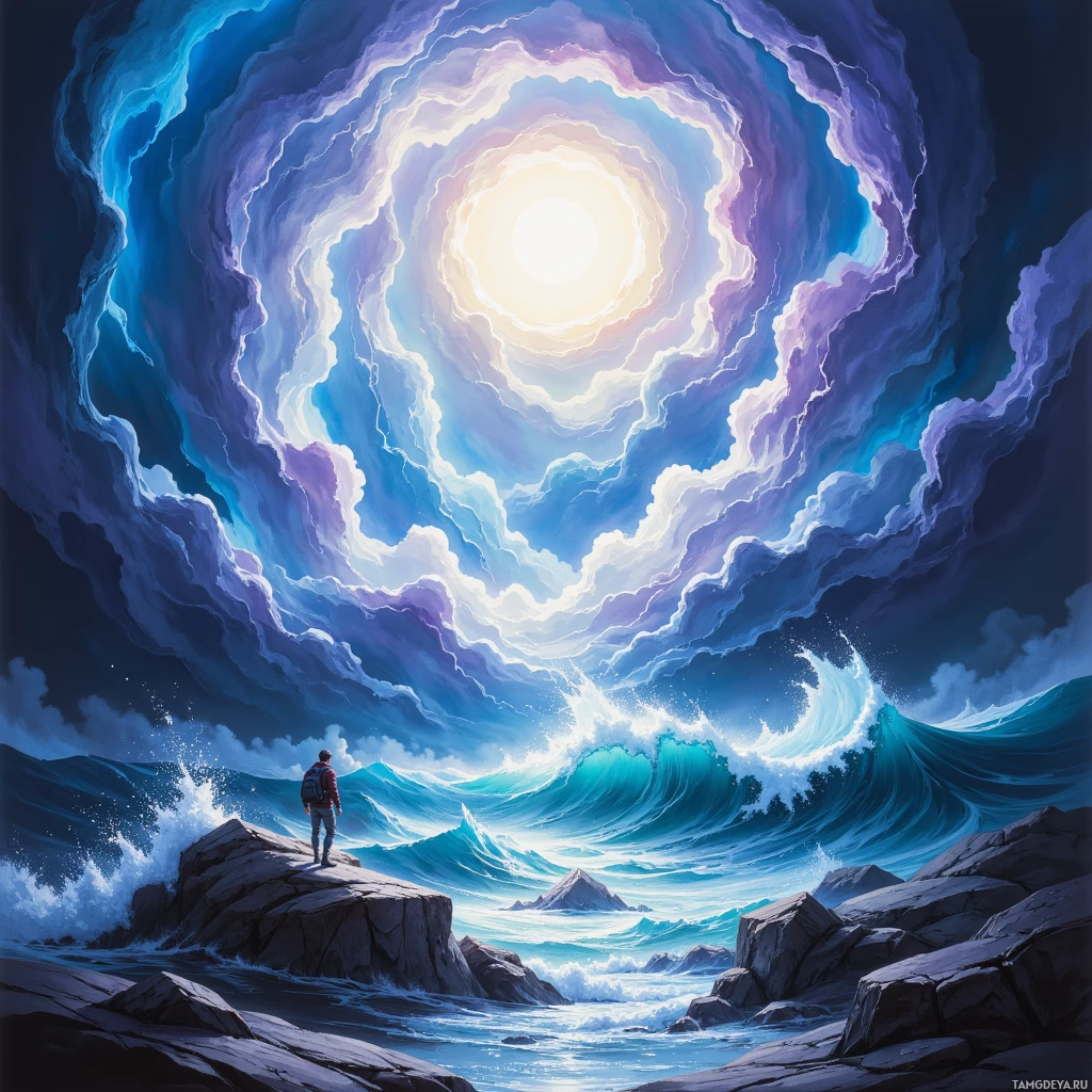 Одинокая фигура стоит на скалах, откуда открывается вид на бушующее небо и разбивающиеся волны.