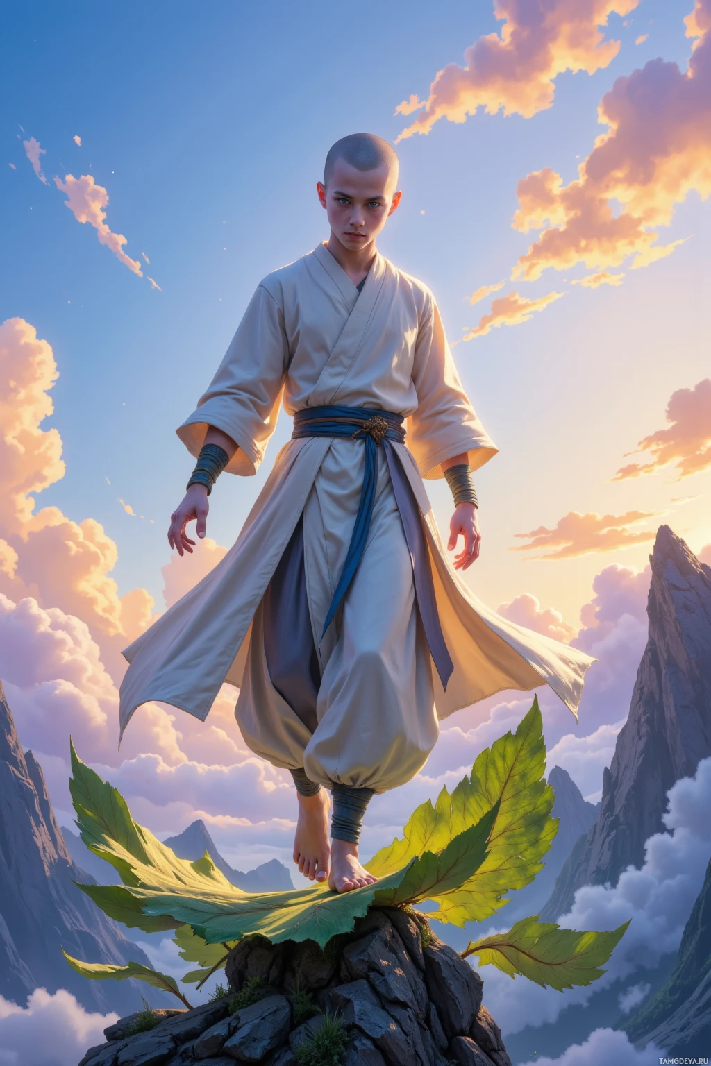 Человек в национальном костюме стоит на поросшем листвой камне, на фоне живописного горного пейзажа и красочного неба.