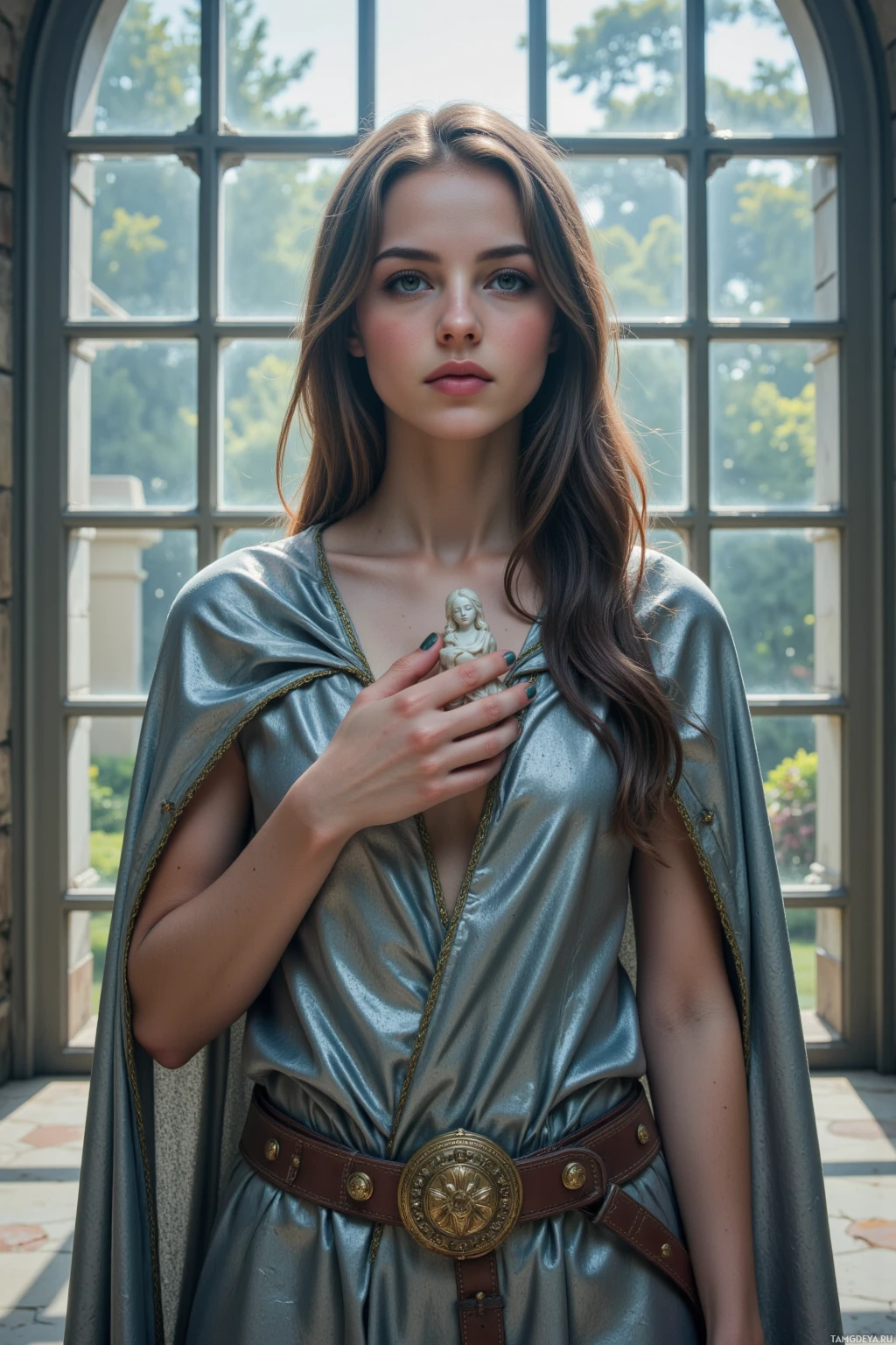 Впереди большого окна стоит женщина в платье насыщенного синего цвета с поясом и накидкой.