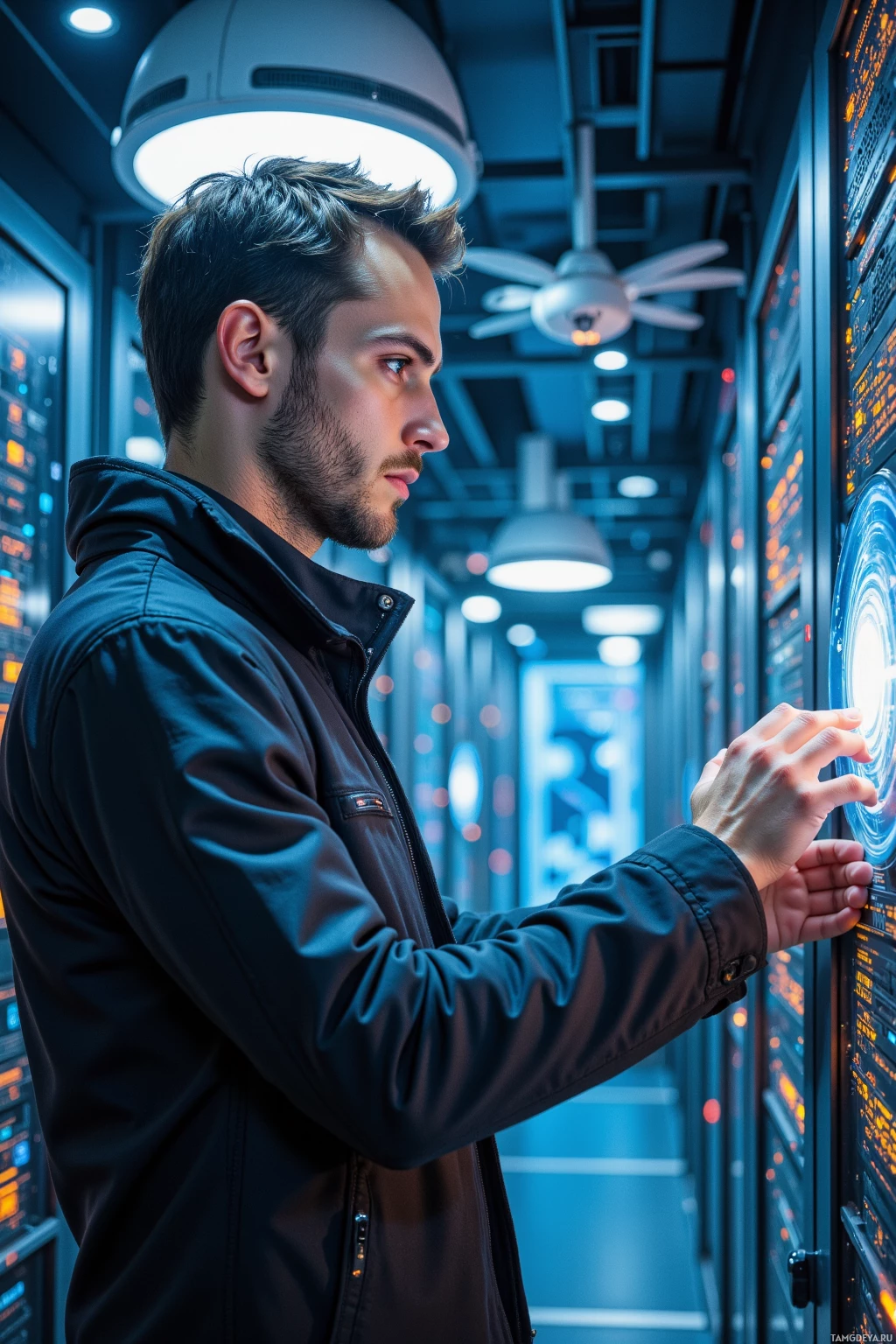 Мужчина в темном пиджаке взаимодействует с высокотехнологичным интерфейсом в футуристической обстановке.