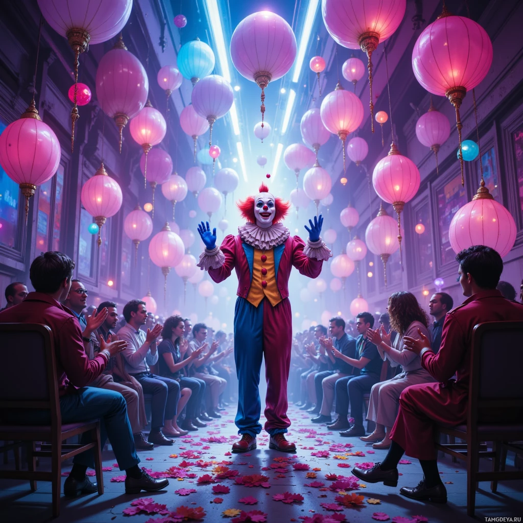 Клоун в ярком костюме стоит перед публикой в комнате, украшенной подвесными фонарями и усыпанной лепестками цветов.