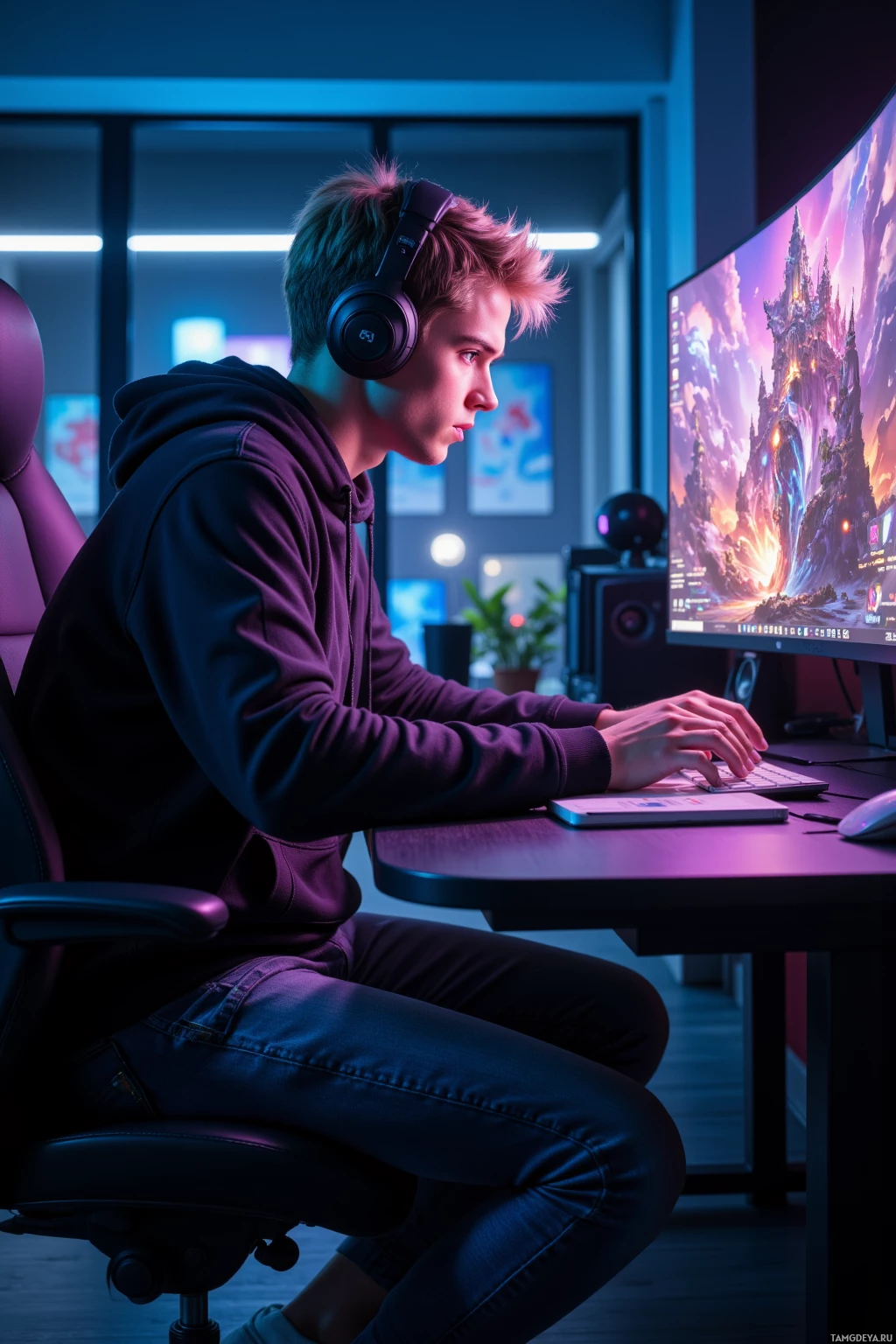 Человек в наушниках сидит за столом, сосредоточенно смотря на экран компьютера, на котором отображается яркая игровая сцена.
