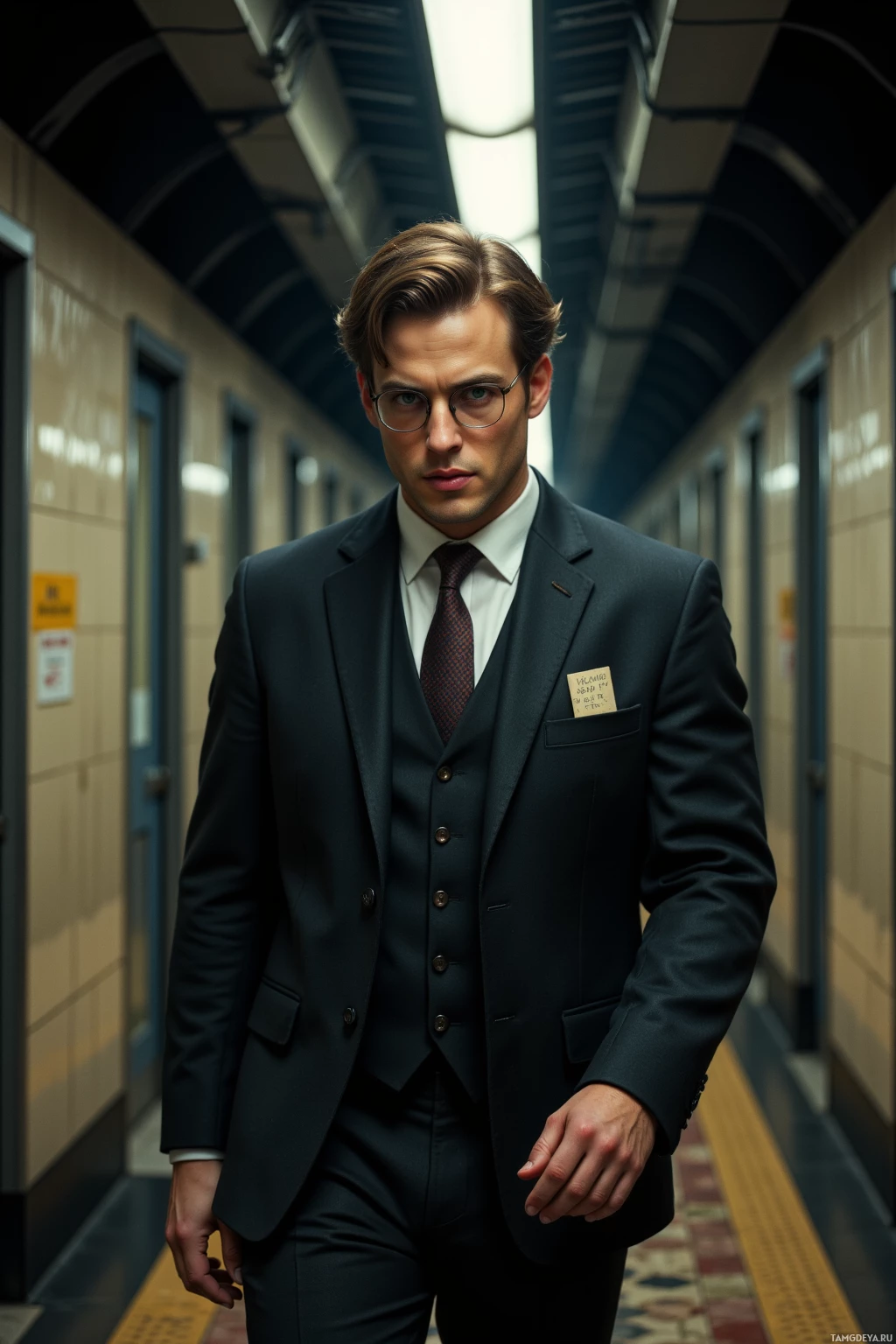 Мужчина в деловом костюме стоит на станции метро.