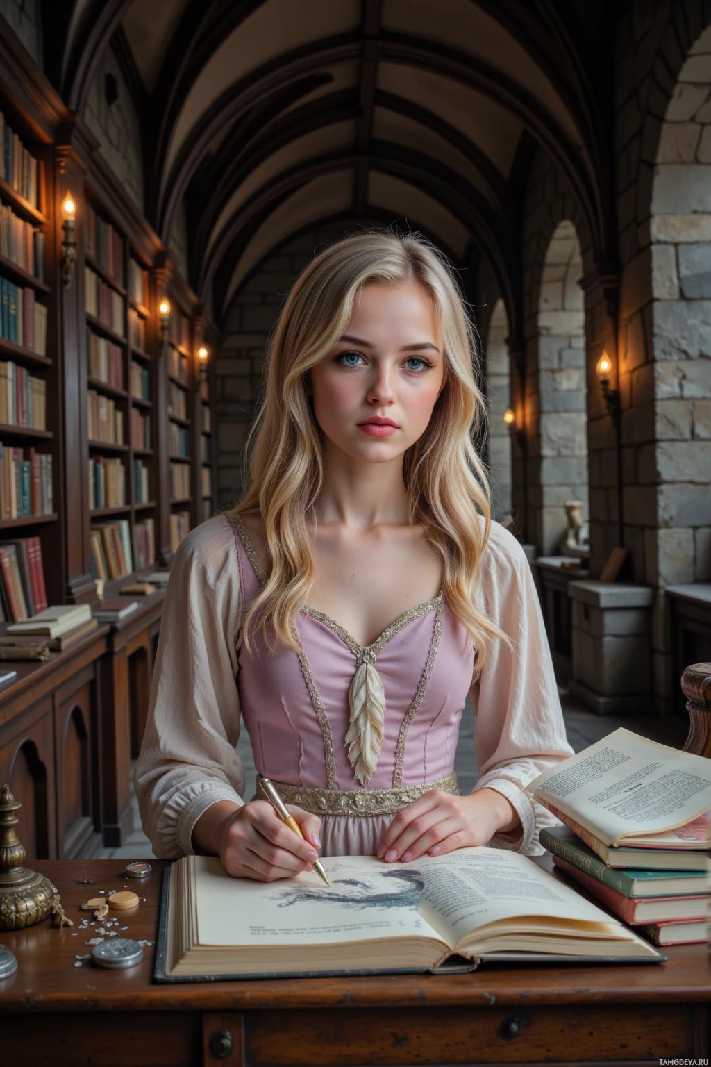 В библиотеке за столом сидит женщина в платье, выполненном в историческом стиле, и пишет в книге.