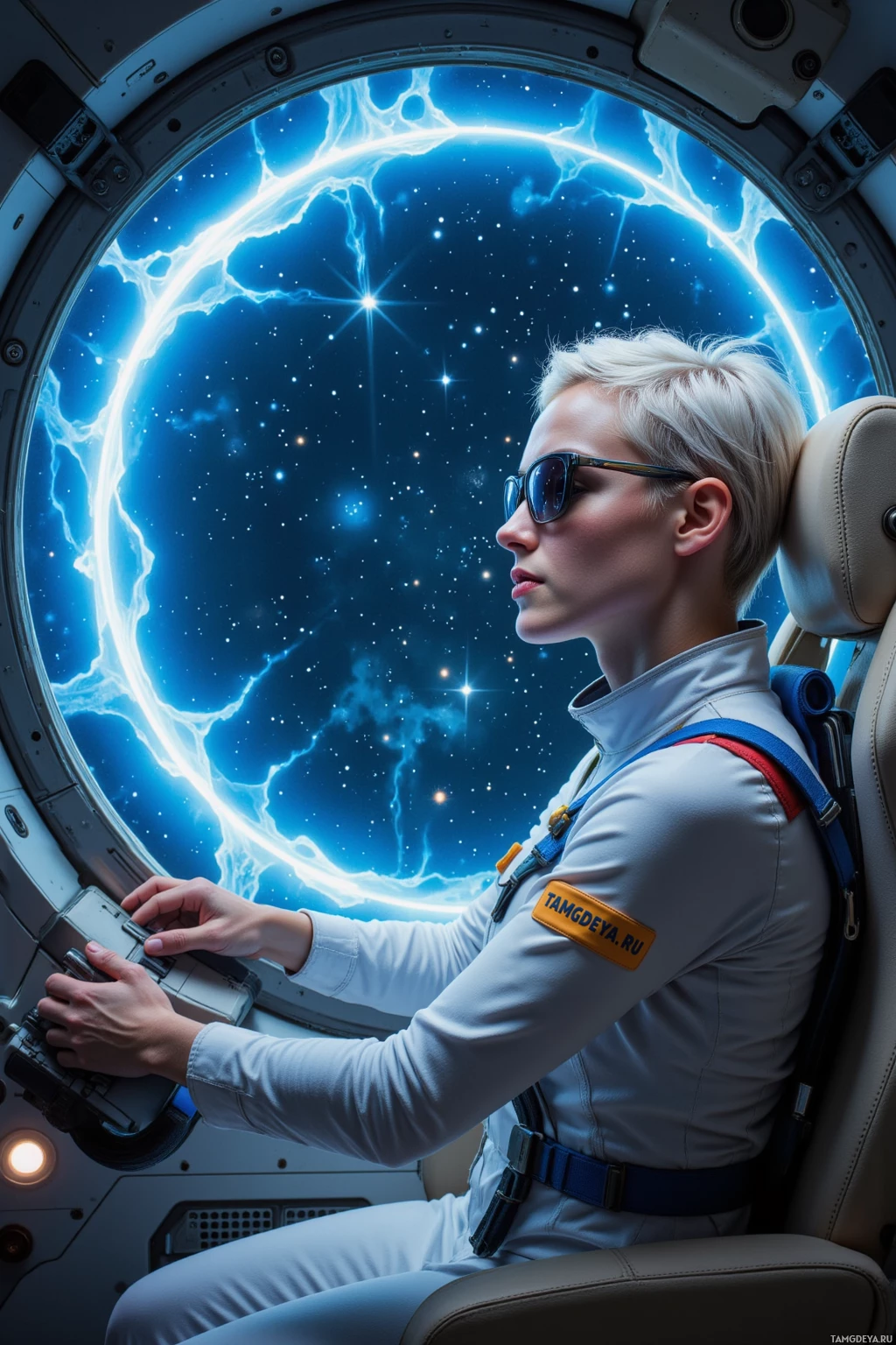 В скафандре человек управляет панелью управления внутри космического корабля, за окном простирается звездное небо.