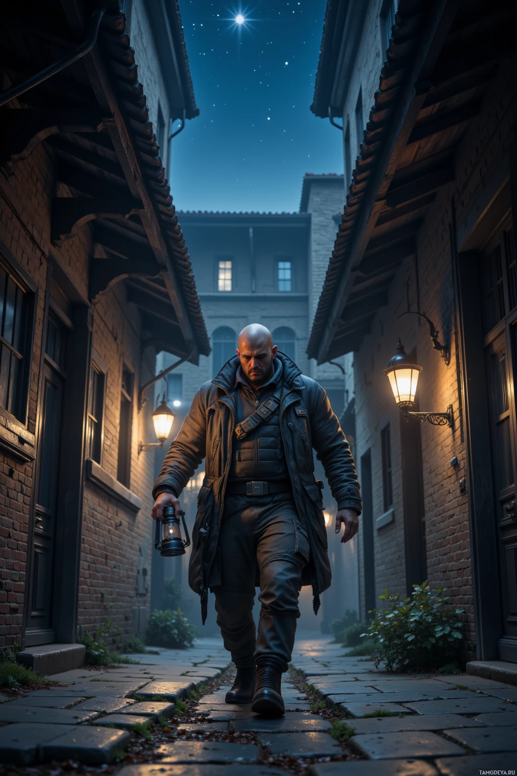 Мужчина идёт по тёмному переулку ночью, держа в руках фонарь.