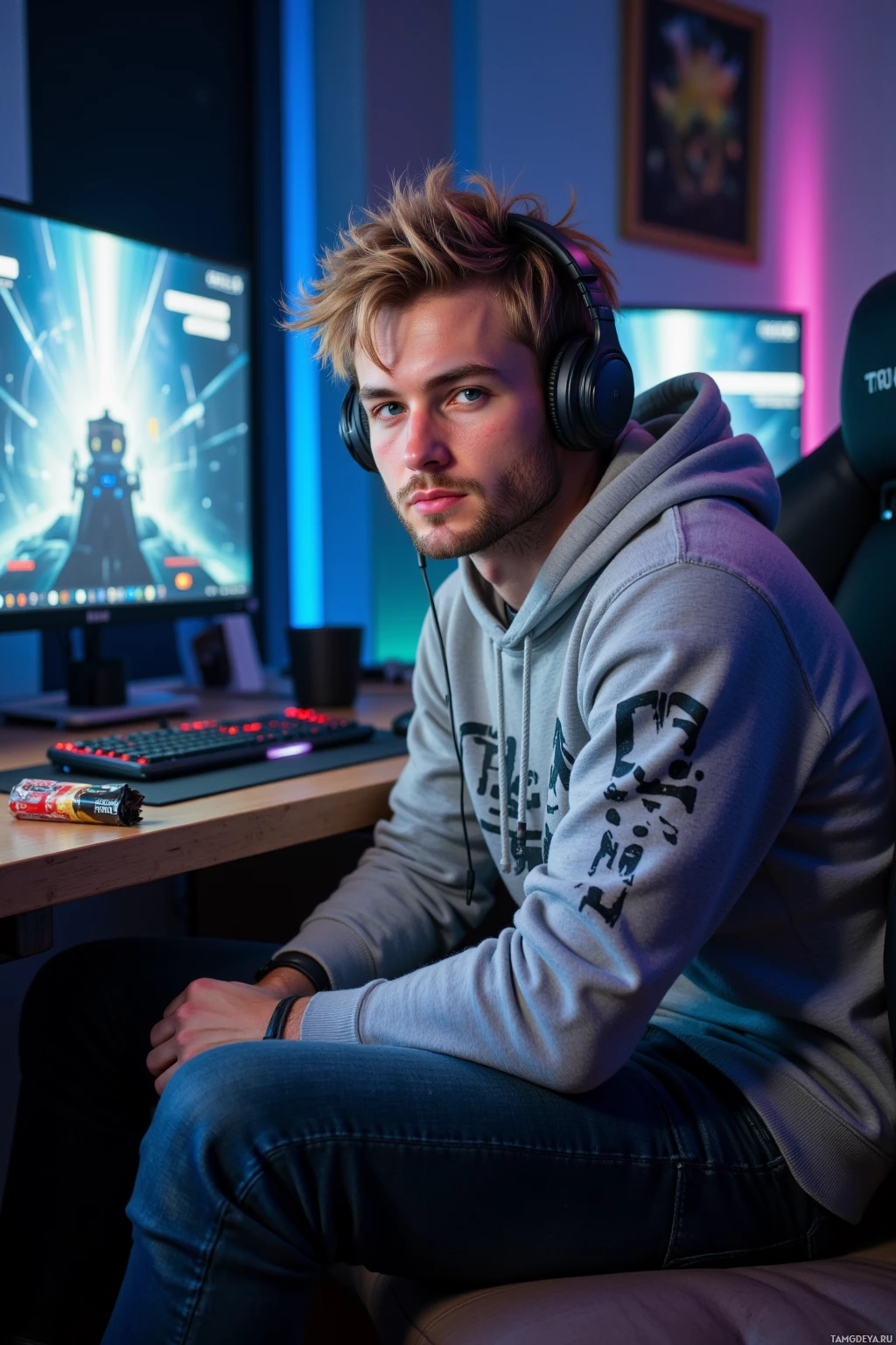 Человек в наушниках сидит перед компьютерной системой, на мониторе – игра.