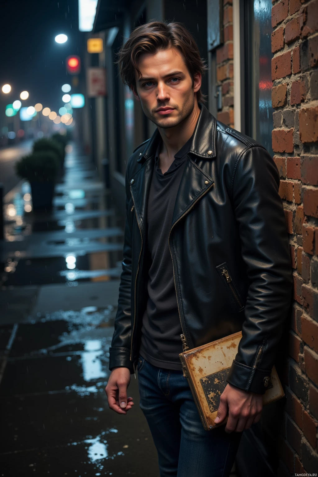 Мужчина в кожаной куртке стоит на мокрой улице ночью.