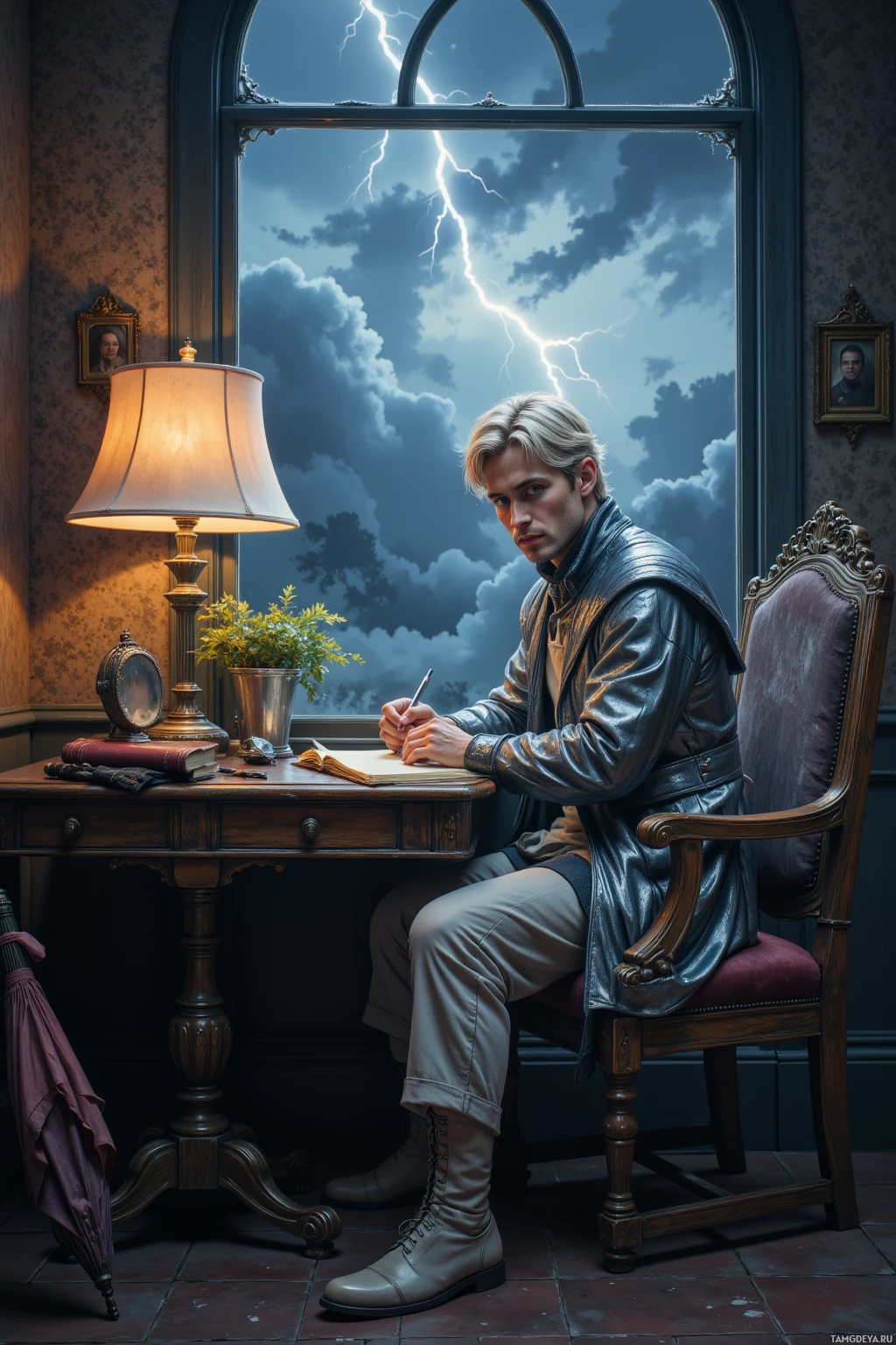 Мужчина сидит за столом в полумраке комнаты и пишет в блокноте под лампой, за окном виднеется штормовое небо.