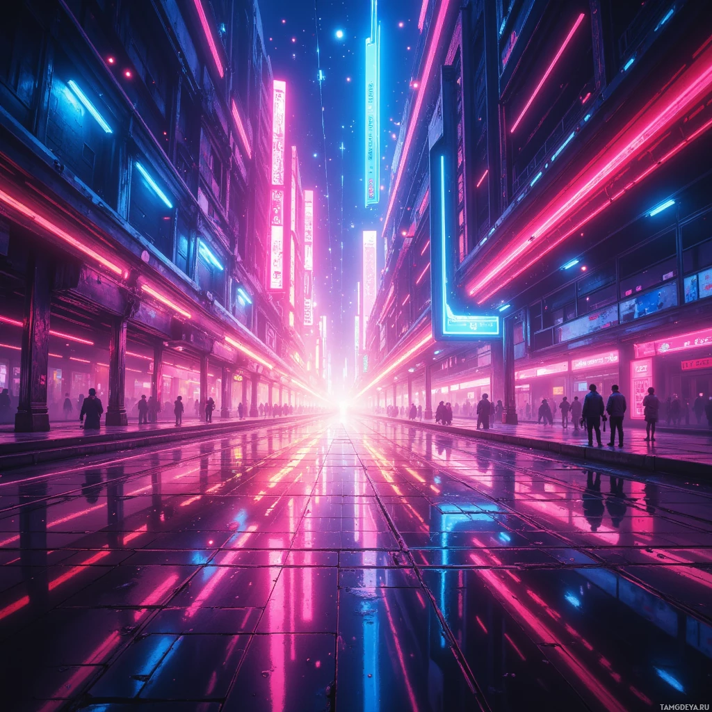 Яркая, неоновая улица с мокрой, отражающей брусчаткой и прохожими.