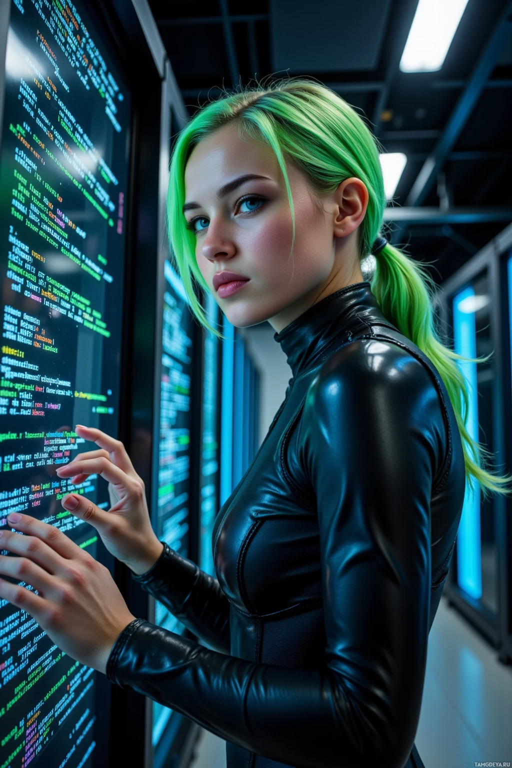 Человек в черной кожаной одежде стоит перед экраном с кодом.