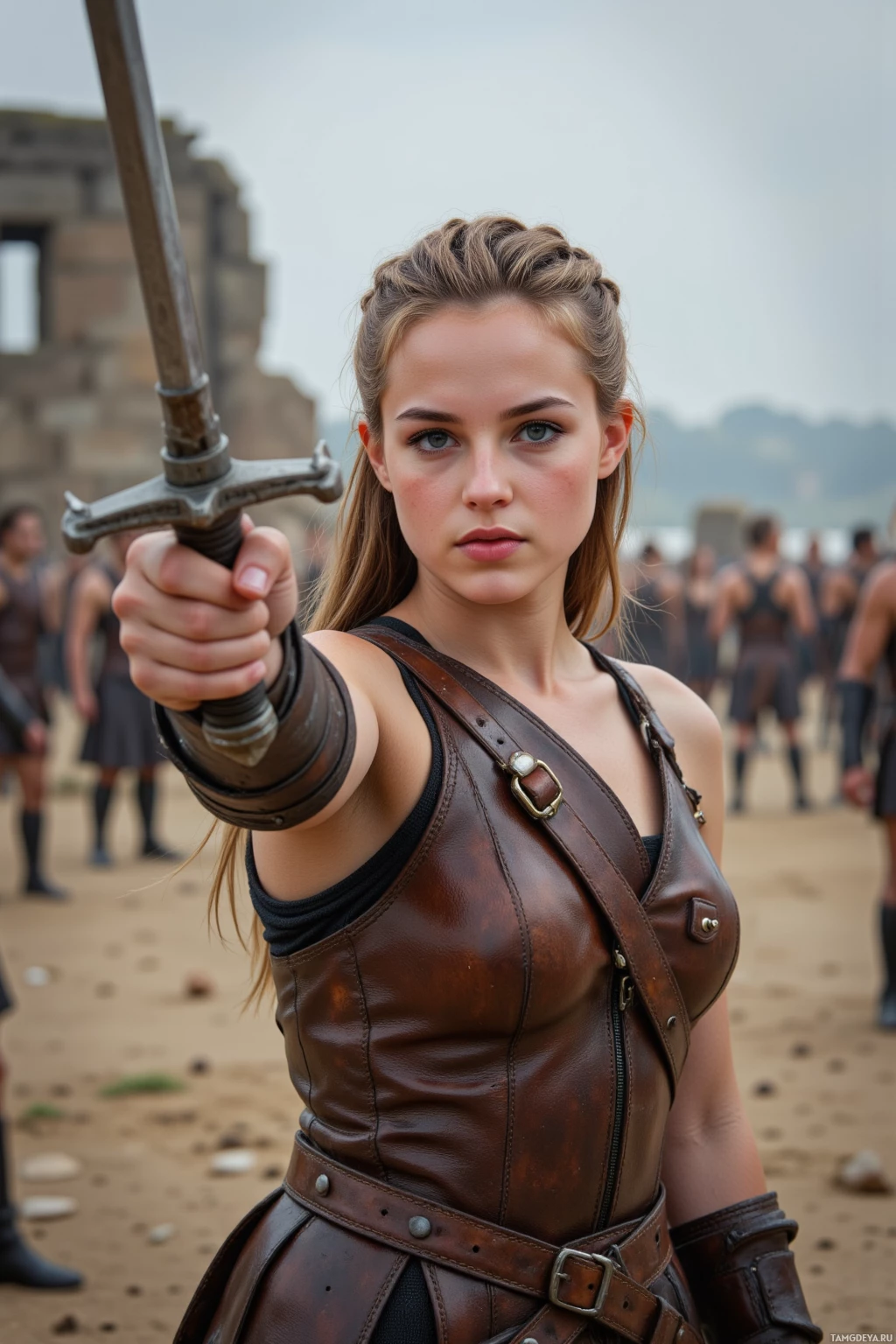 Женщина в кожаном доспехе держит перед собой меч, на заднем плане видны люди.