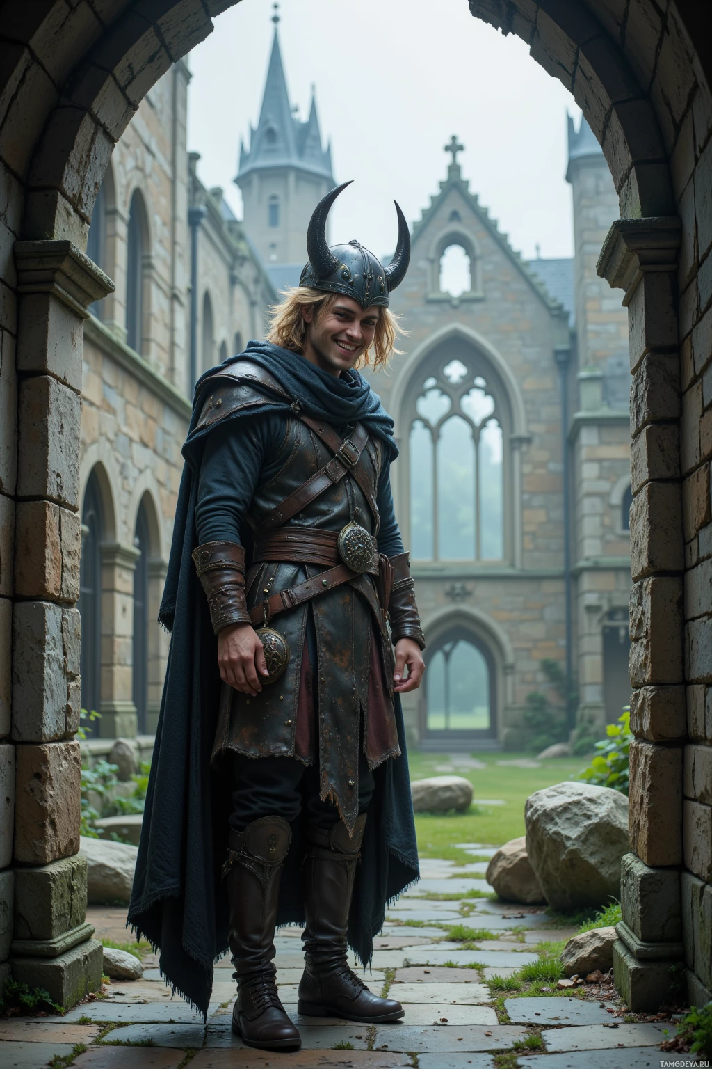 Человек в средневековой одежде стоит перед каменным арочным проходом, на заднем плане виден храм.