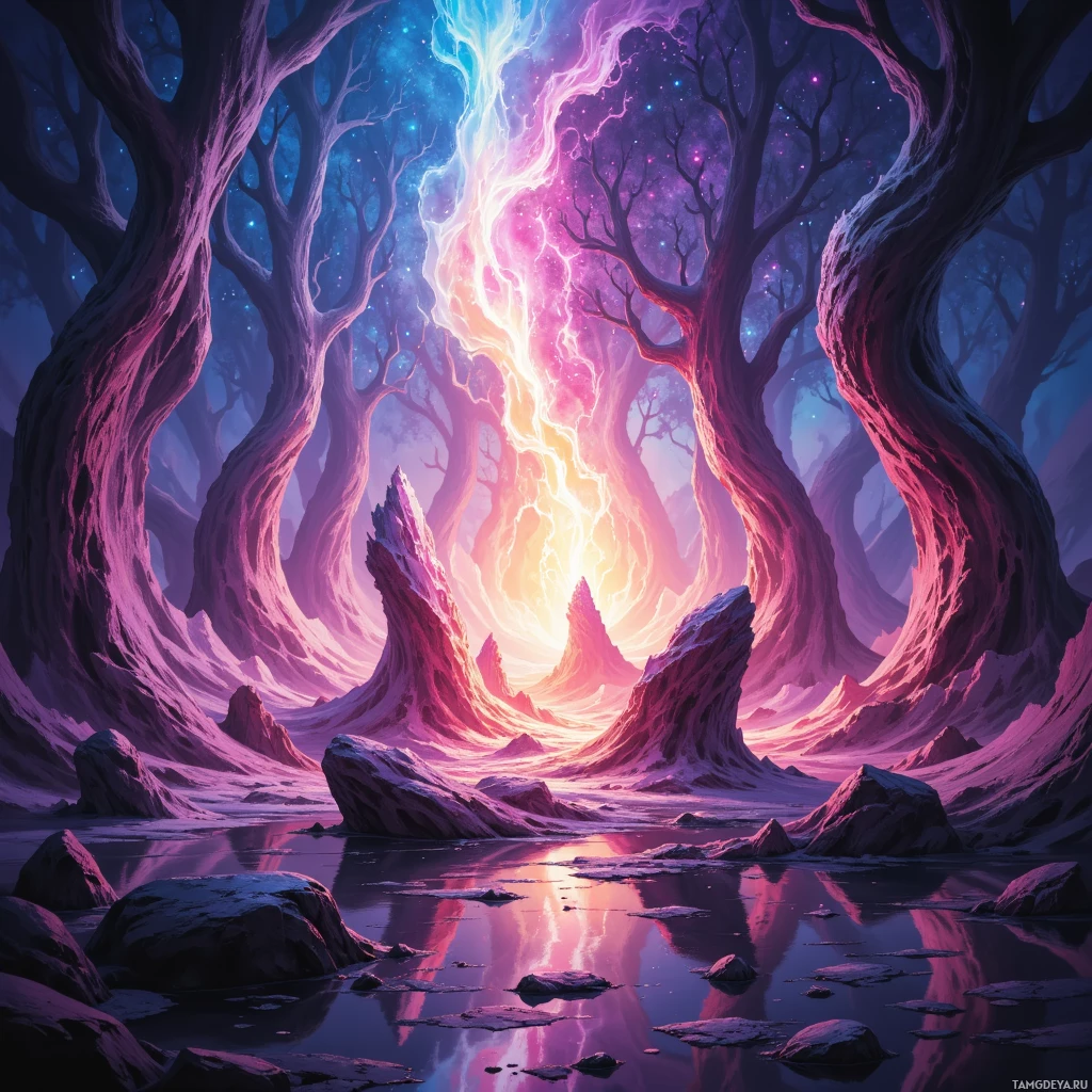 Мистический, неземной пейзаж с сияющими деревьями, ярким небом и зеркальной гладью воды.