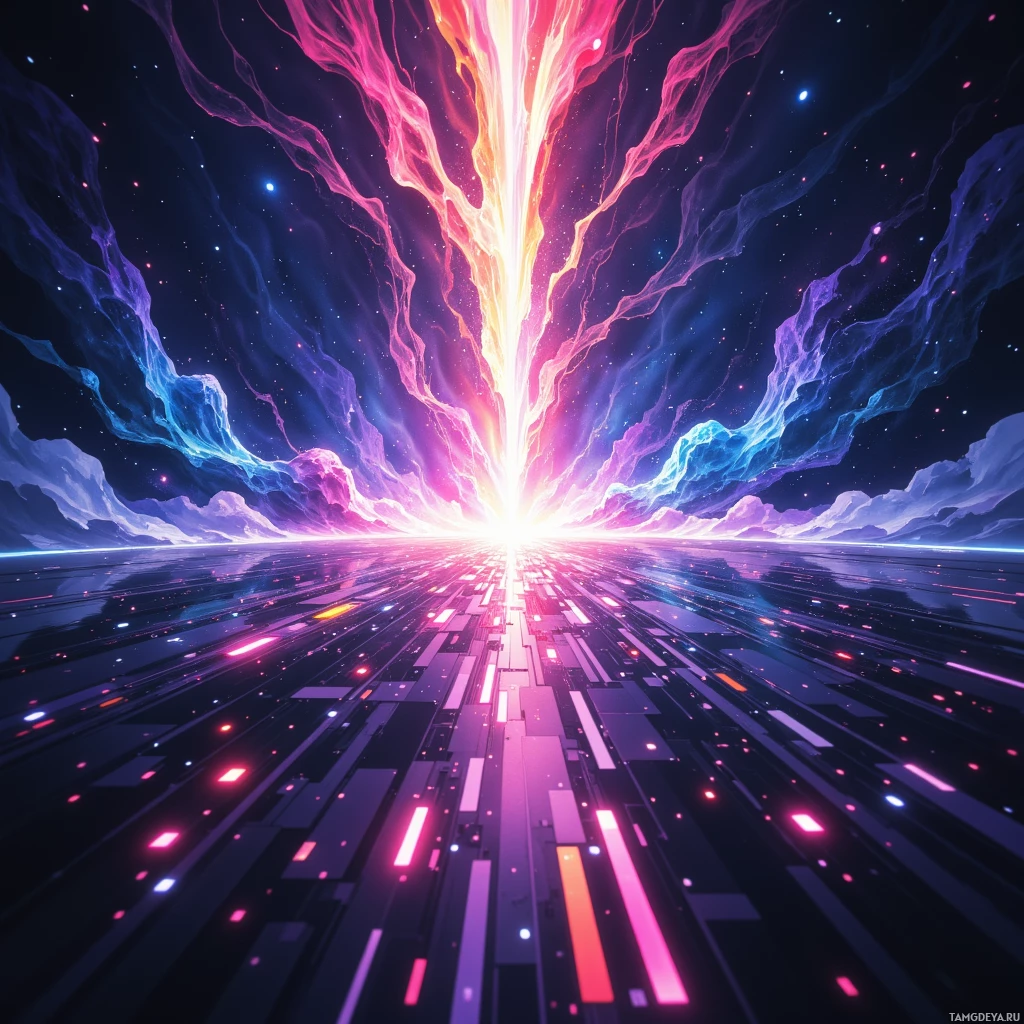 Яркий, футуристический пейзаж с мерцающими линиями и светлым источником света на горизонте.