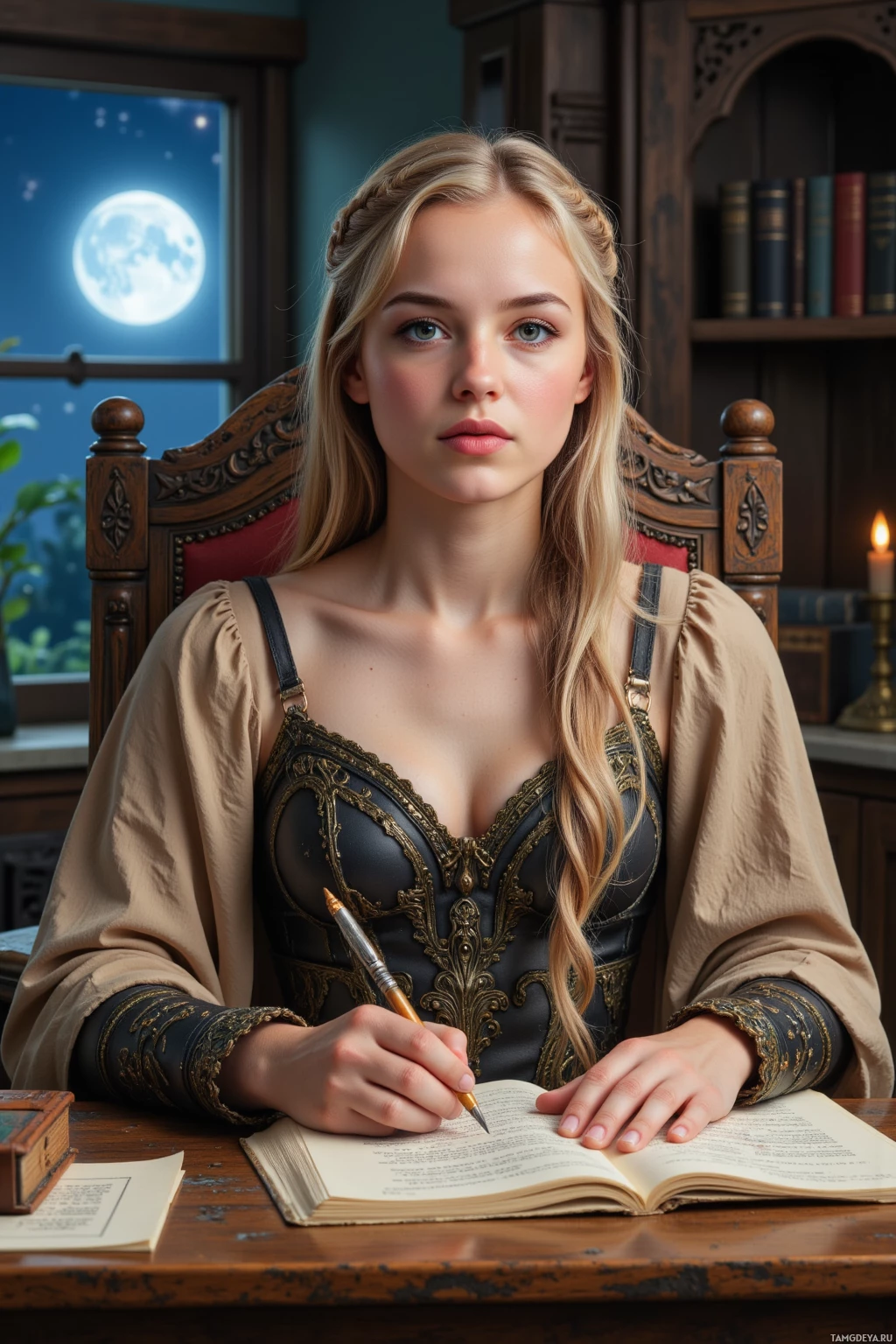 Женщина в историческом костюме сидит за столом и пишет в книге.