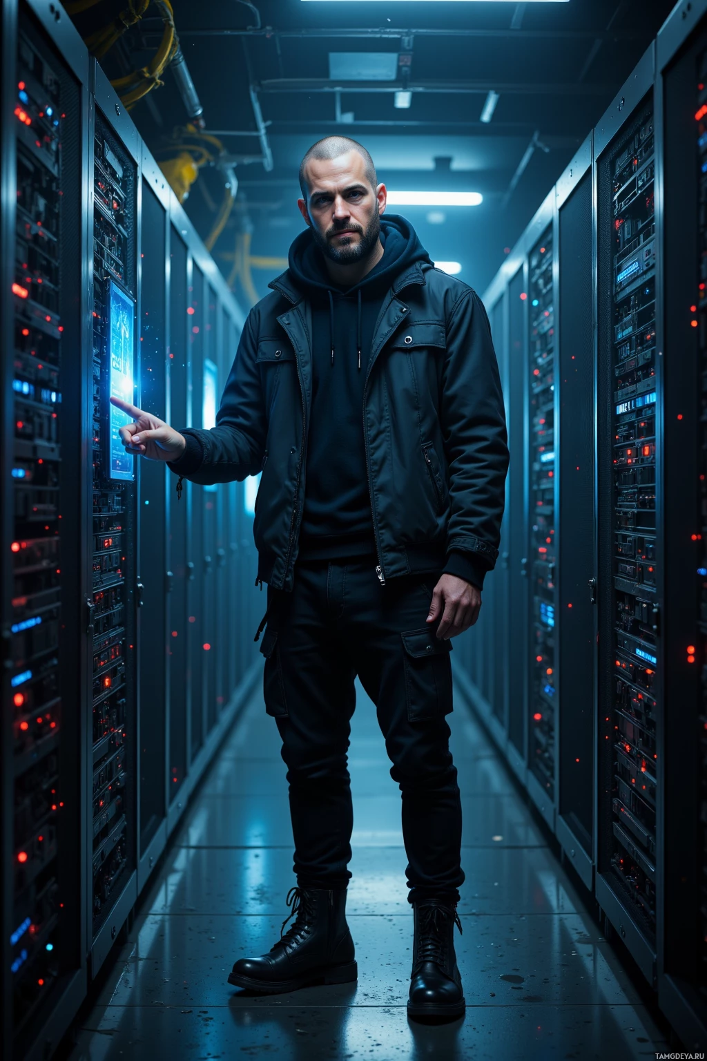 Мужчина стоит в полутемном серверном помещении и указывает на сервер.