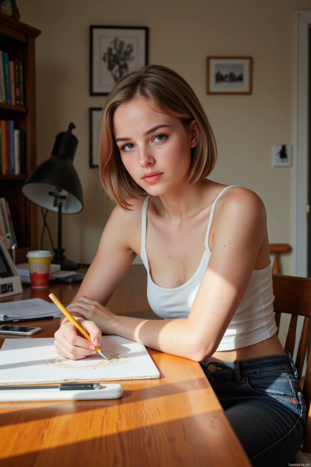 Человек сидит за столом и рисует карандашом.