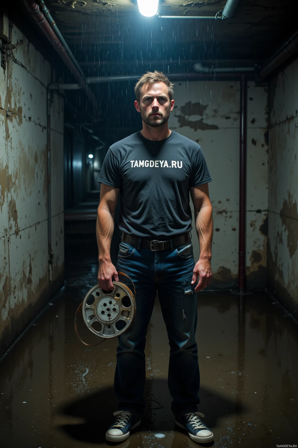 Мужчина стоит в тускло освещенном, дождливом коридоре, держа в руках киноплёнку.