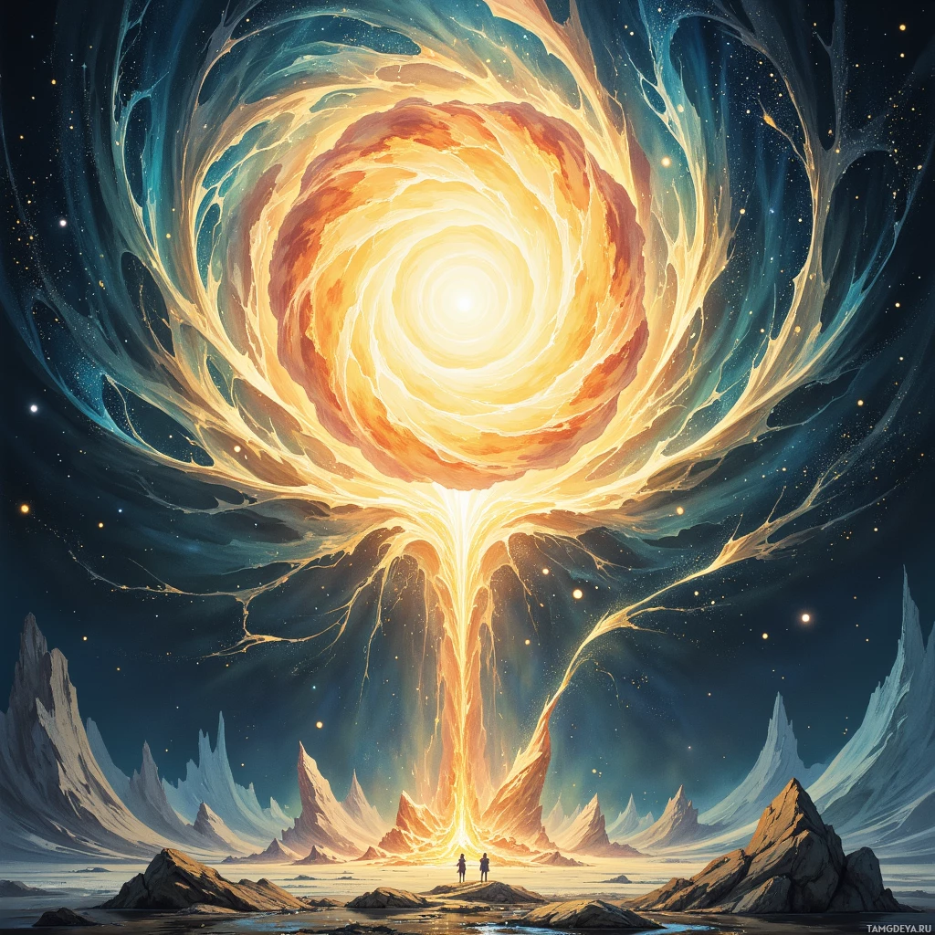 Яркая космическая сцена: закрученная галактика с сияющим центром, окруженная звездным пространством и зубчатыми горными вершинами.