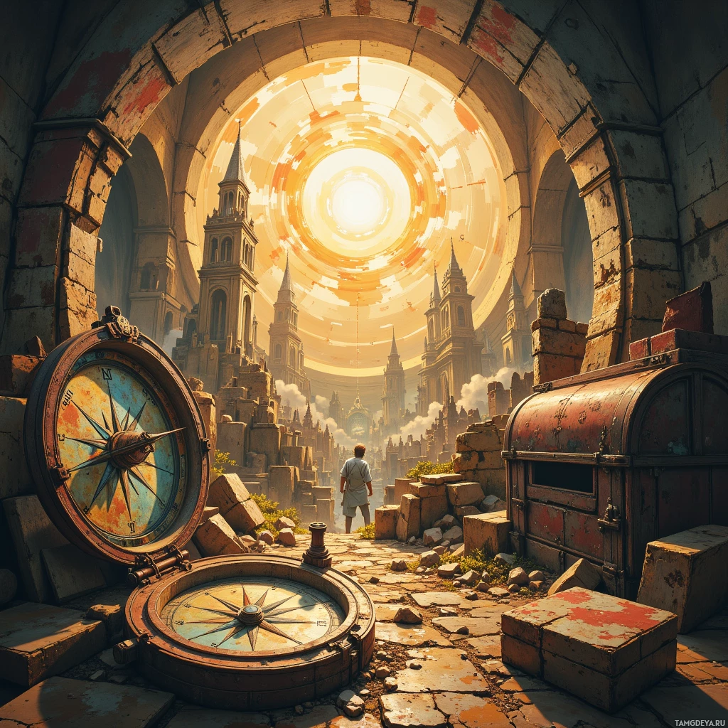 На каменной тропинке, ведущей к величественному, залитому солнцем собору с высокими шпилями, лежит компас.