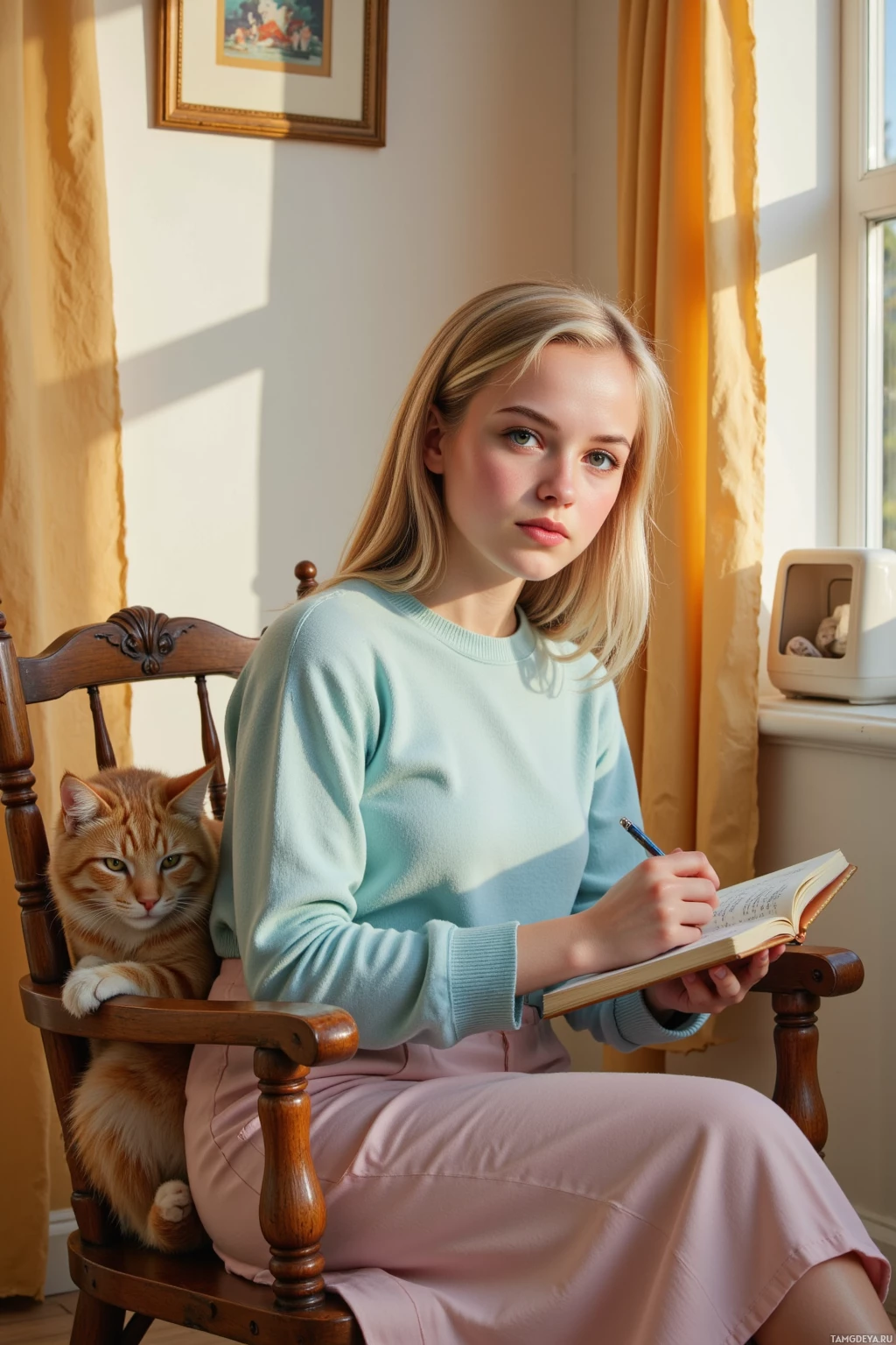 Человек сидит в кресле с кошкой и что-то записывает в блокнот.