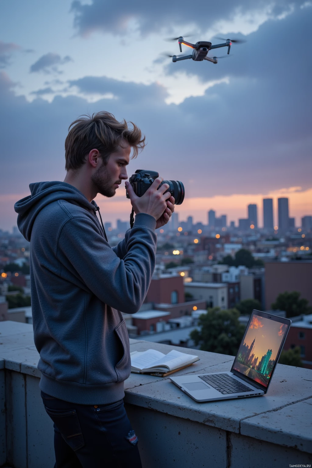 На крыше стоит человек с фотоаппаратом, над ним летает дрон, а на заднем плане - городской пейзаж.