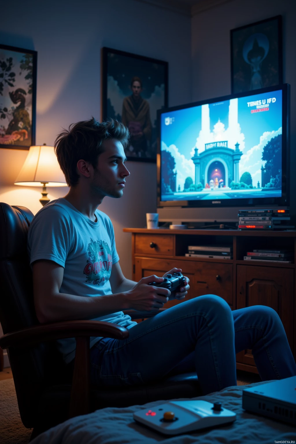 Человек сидит в кресле, держит в руках геймпад и смотрит видеоигру на телевизоре.