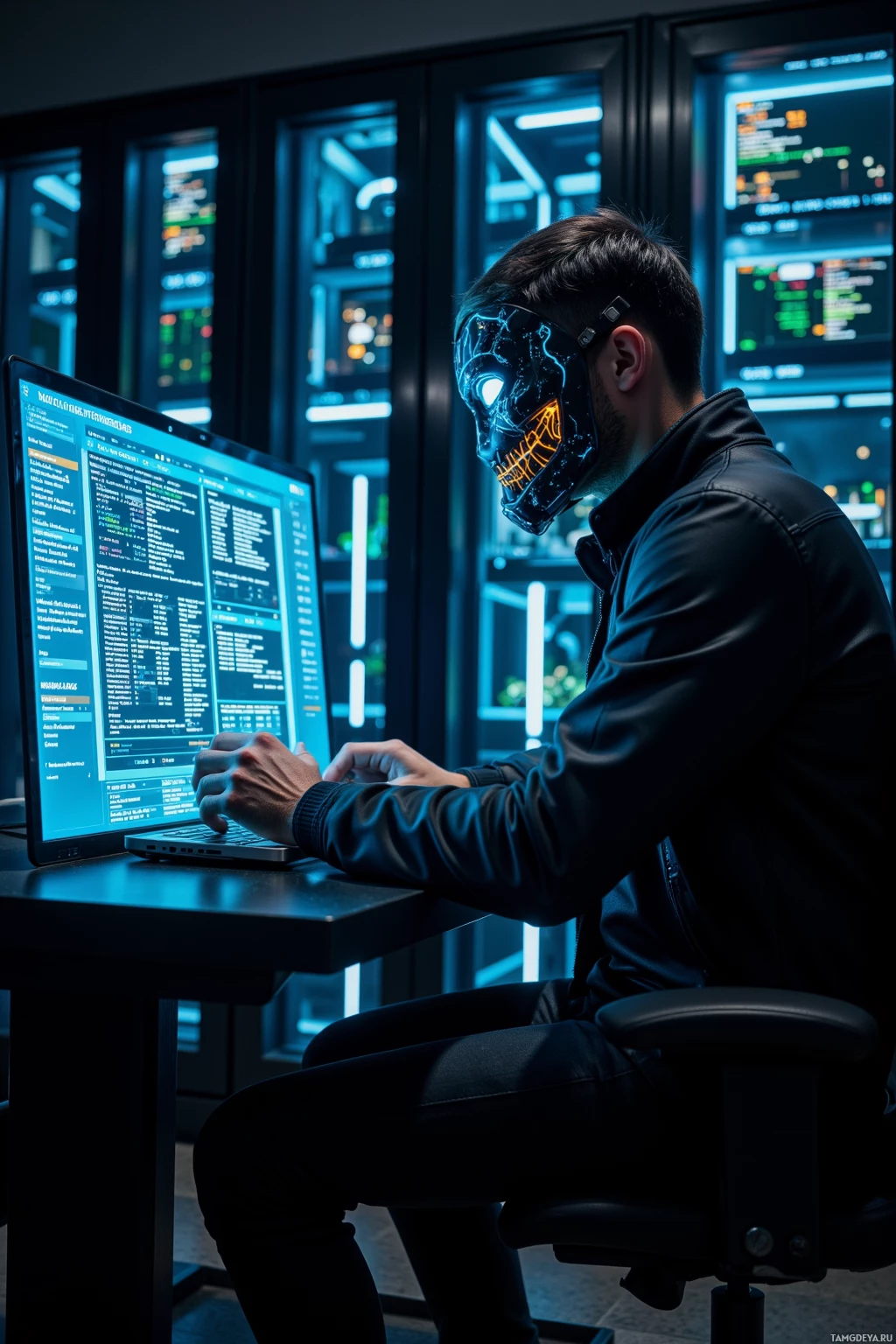 Человек в светящейся маске работает за ноутбуком в полутемной комнате, где на нескольких мониторах отображается код.