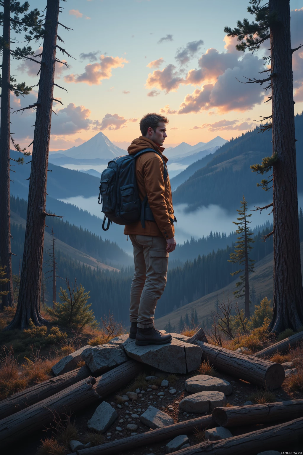 Человек стоит на скалистом выступе, любуясь живописным горным пейзажем на закате.