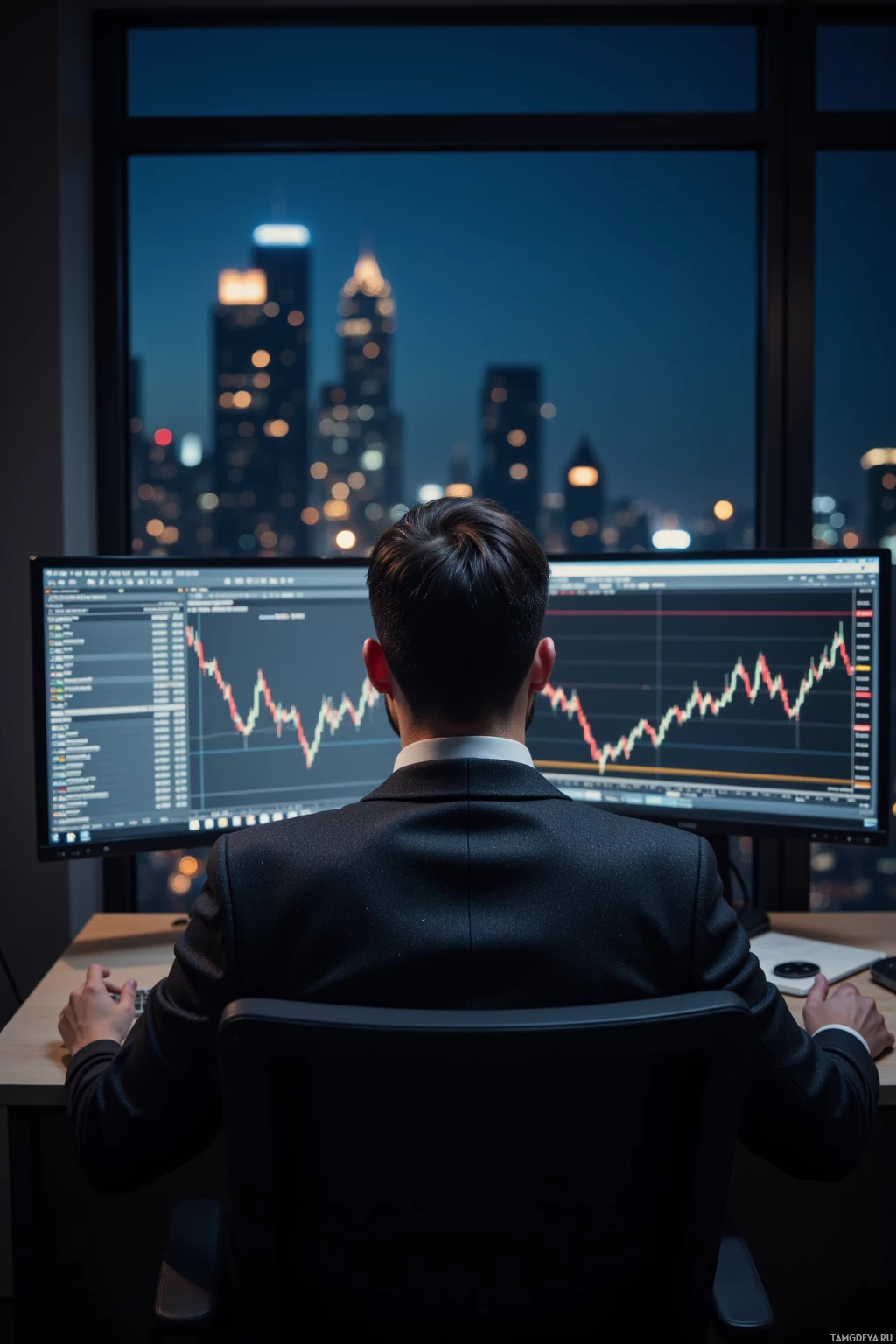 Человек в костюме сидит за столом, глядя на экран компьютера с графиками финансовых показателей, за окном виден городской пейзаж.