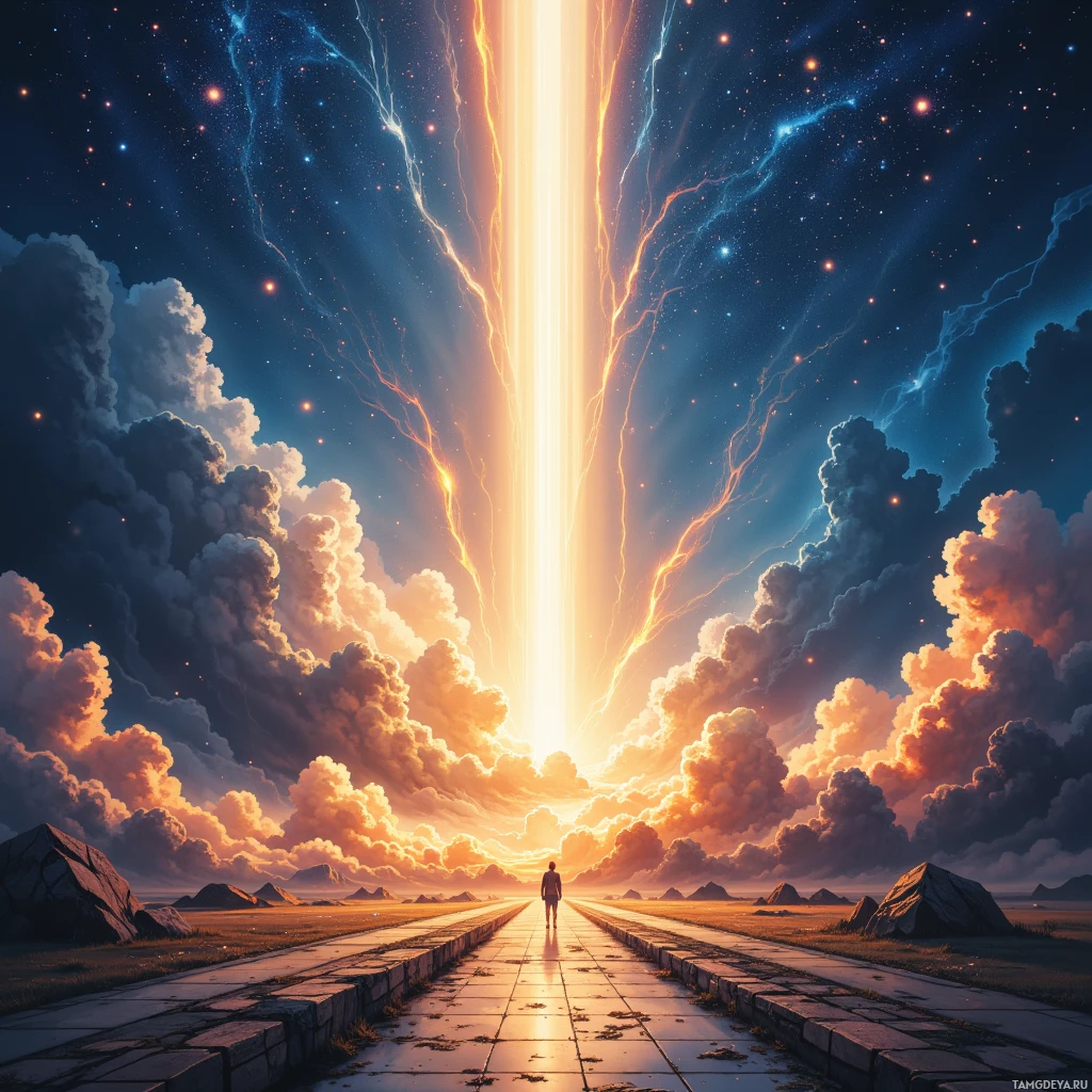 Одинокая фигура стоит в конце каменной дорожки, ведущей к сияющему свету на фоне звездного неба.