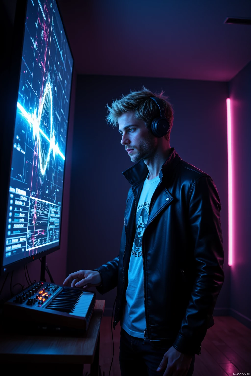 Человек в наушниках стоит в полумраке комнаты, работая с музыкальным оборудованием.