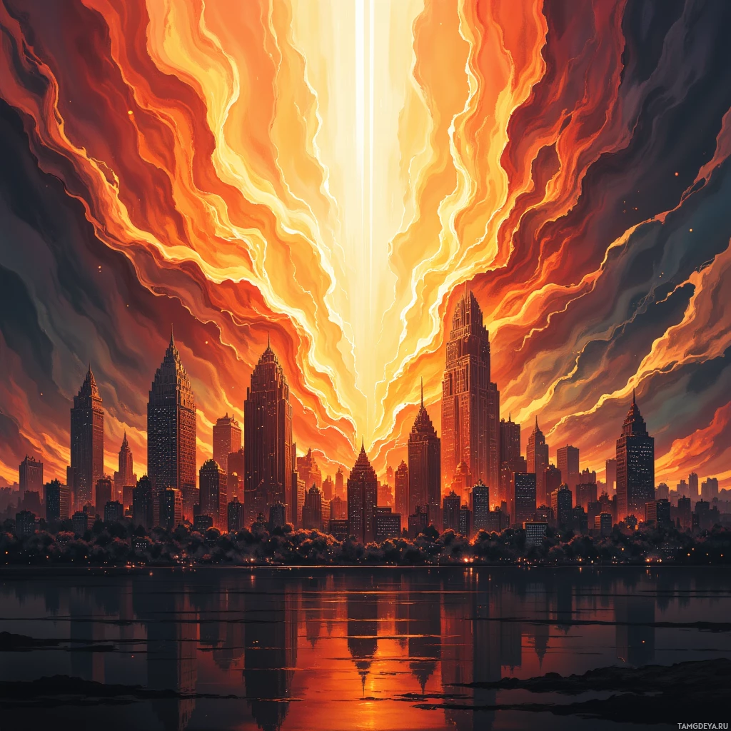 Городской пейзаж, охваченный пламенем, с драматичным небом и отблесками в воде.
