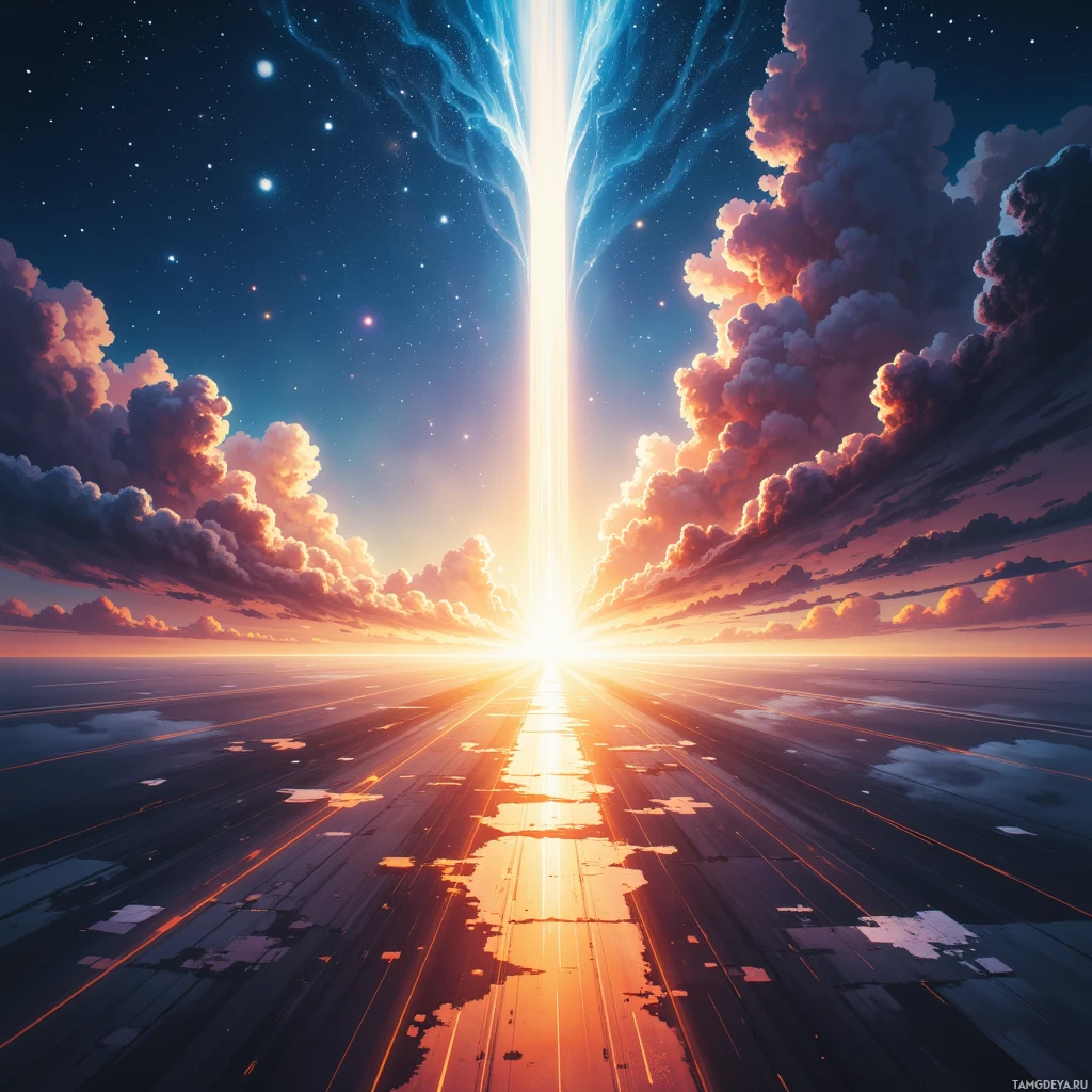 Яркий закат с лучезарным лучом света, пронзающим облака и звезды.