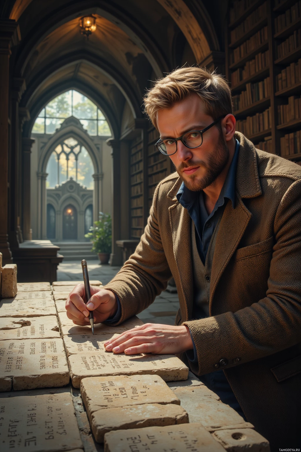 Мужчина в библиотеке записывает что-то на каменных плитах.