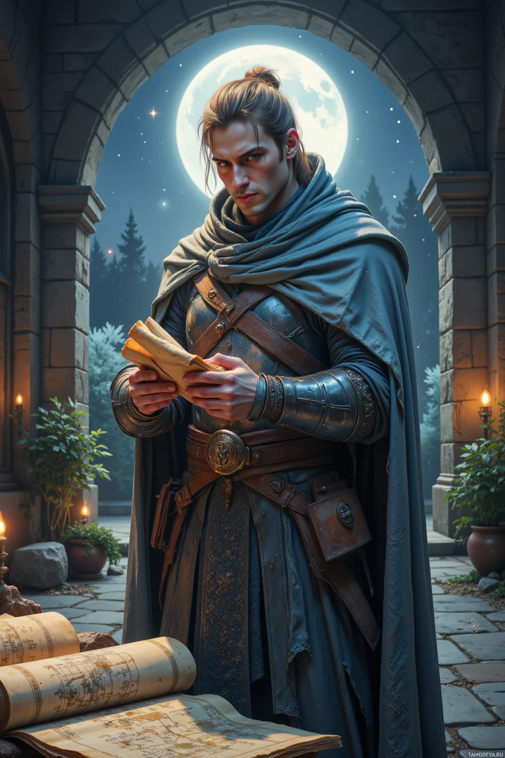 Мужчина в средневековой одежде стоит под аркой, держа карту, на заднем плане виден полный месяц и звёзды.