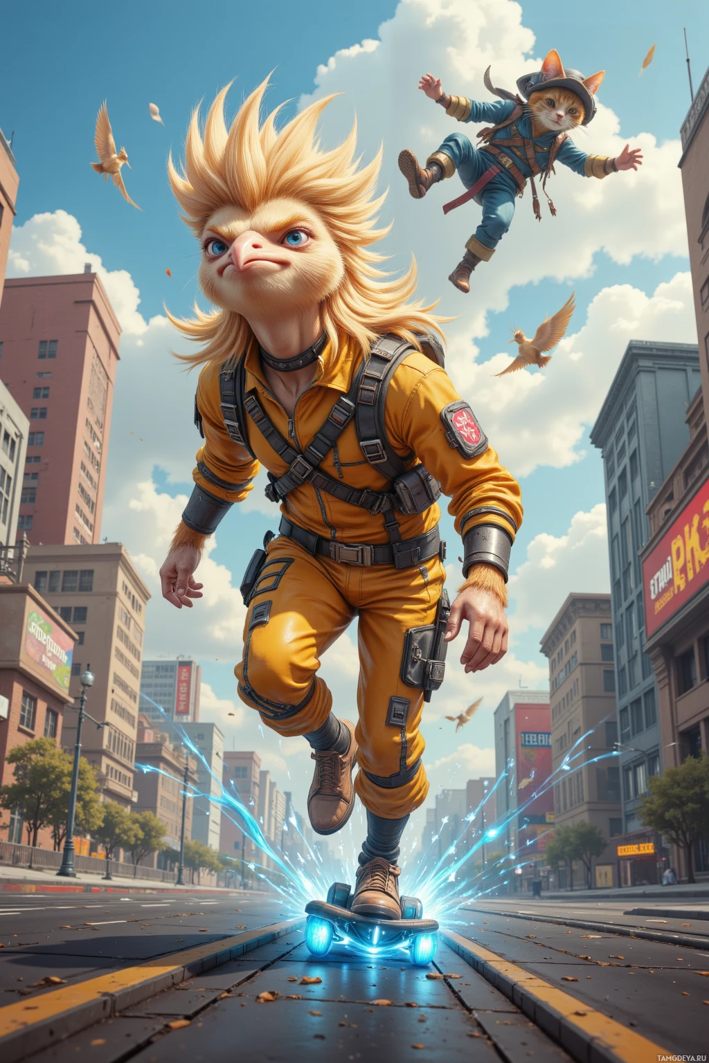 Персонаж с копной торчащих светлых волос катается на светящейся доске в городском пейзаже.