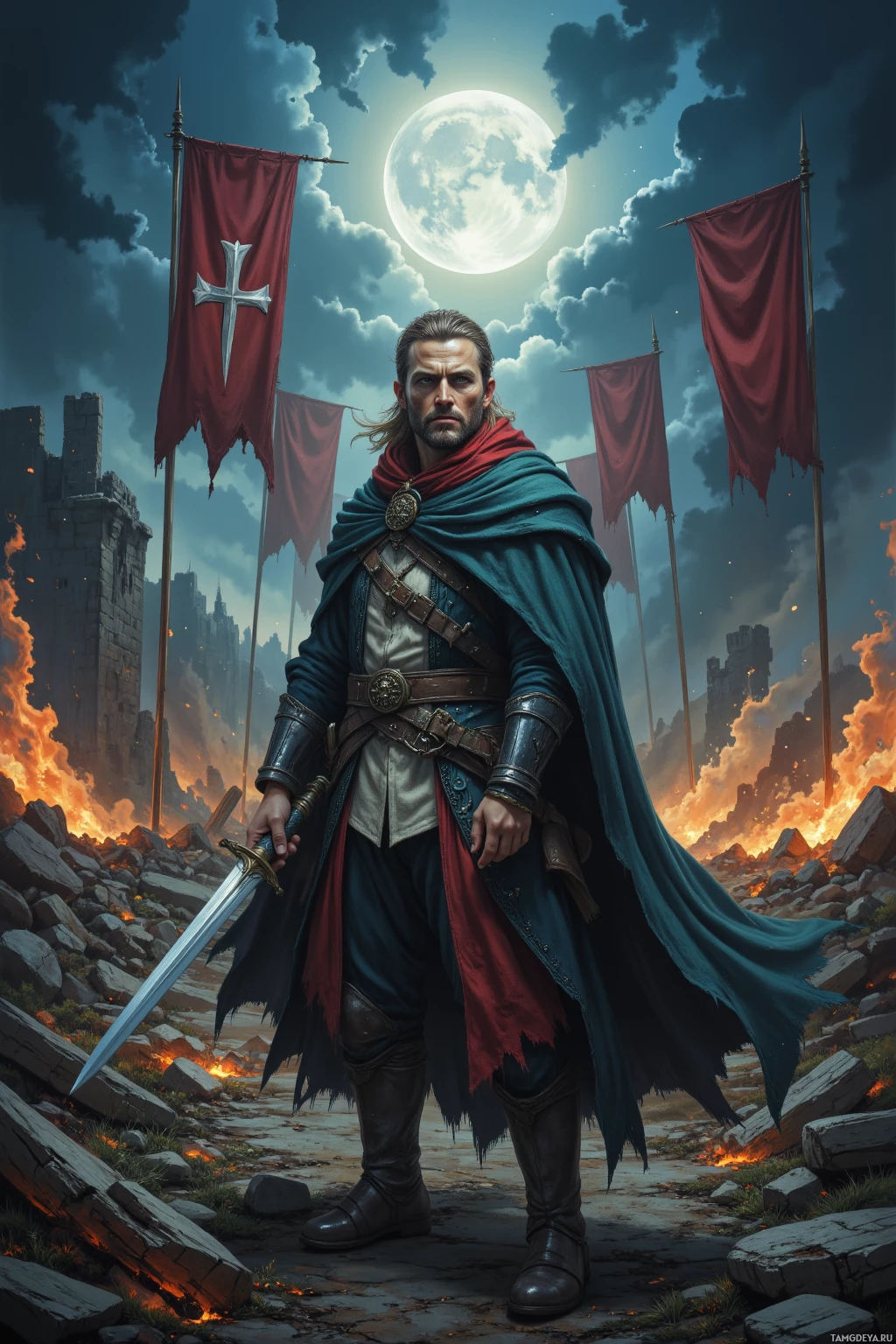Рыцарь в доспехах стоит перед пылающим полем битвы под полной луной.