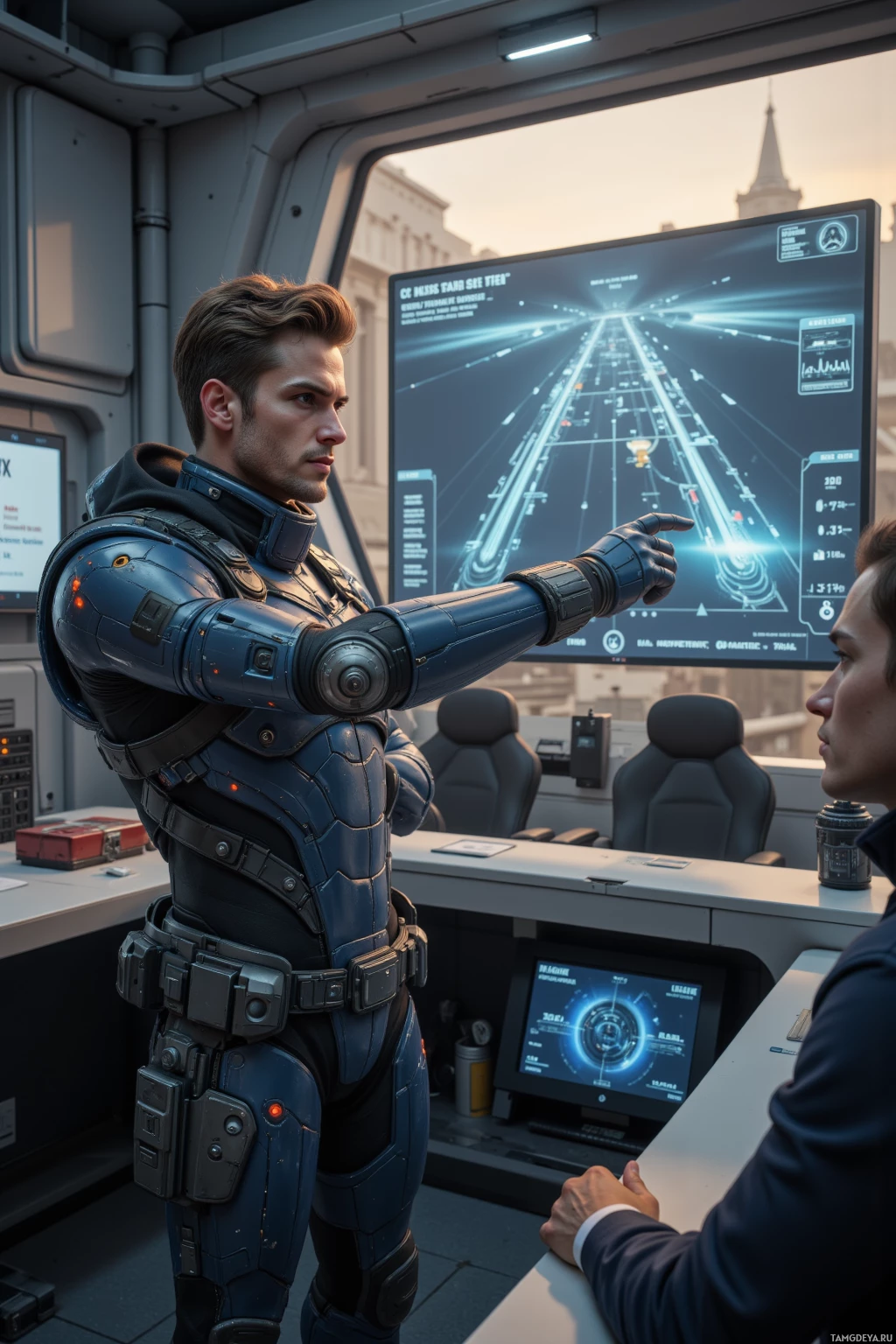 Человек в футуристических доспехах стоит в высокотехнологичном помещении управления и указывает на большой экран с навигационным интерфейсом.
