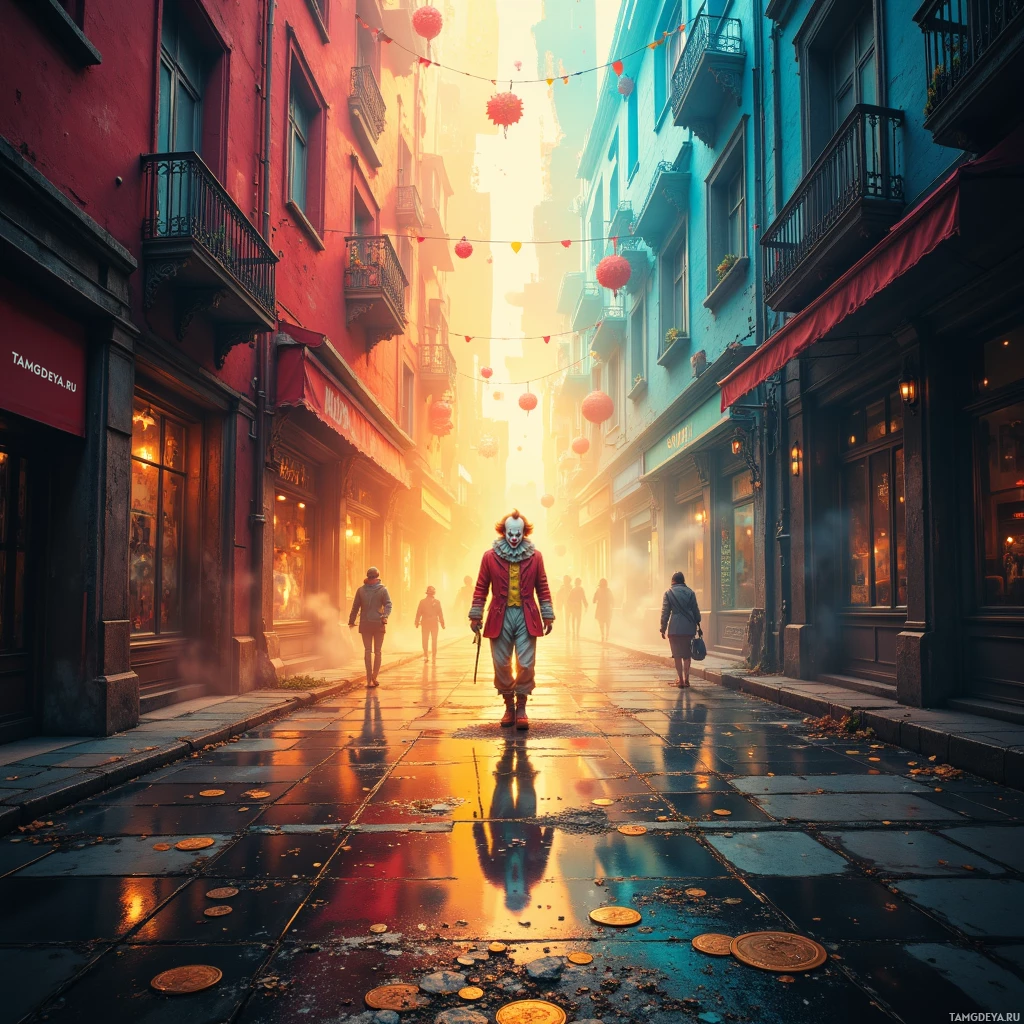 Клоун идёт по узкой, красочной улице, вдоль которой выстроились магазины и фонари.