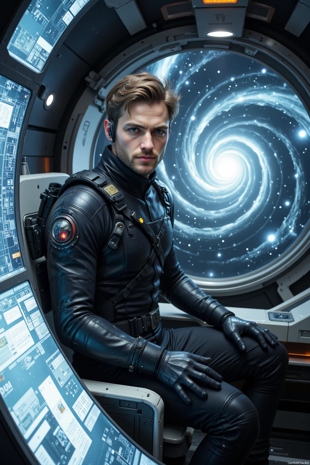 Человек в футуристическом скафандре сидит внутри космического корабля, за иллюминатором виднеется закрученный вихрем галактики.