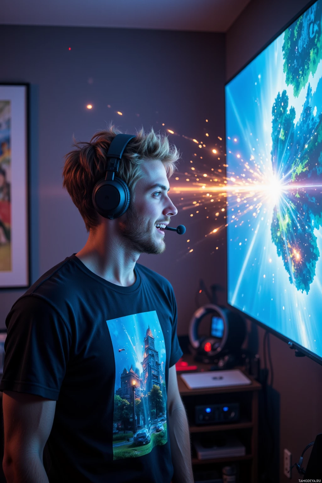 Человек в наушниках стоит перед большим экраном, на котором отображается яркая, красочная сцена.