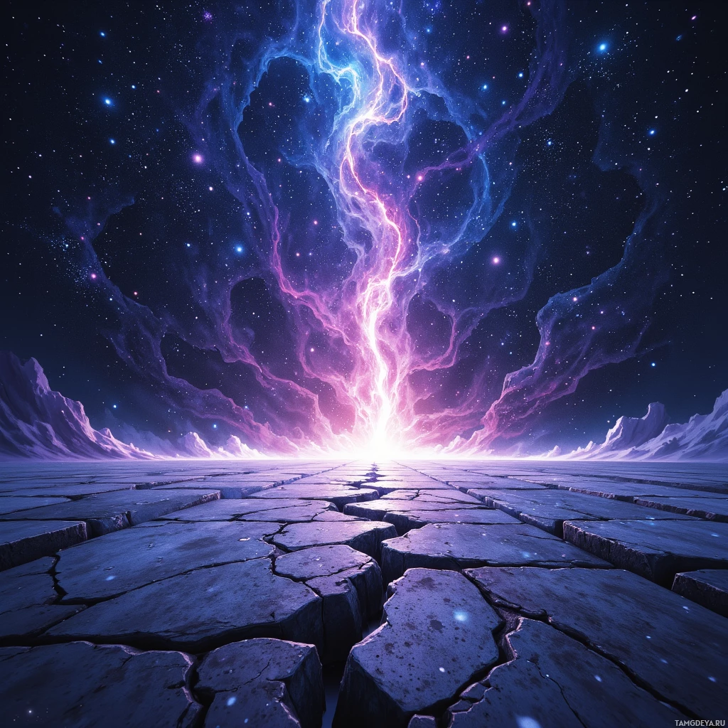 Космический пейзаж с сияющим, неземным источником света и потрескавшимся, ледяным грунтом.