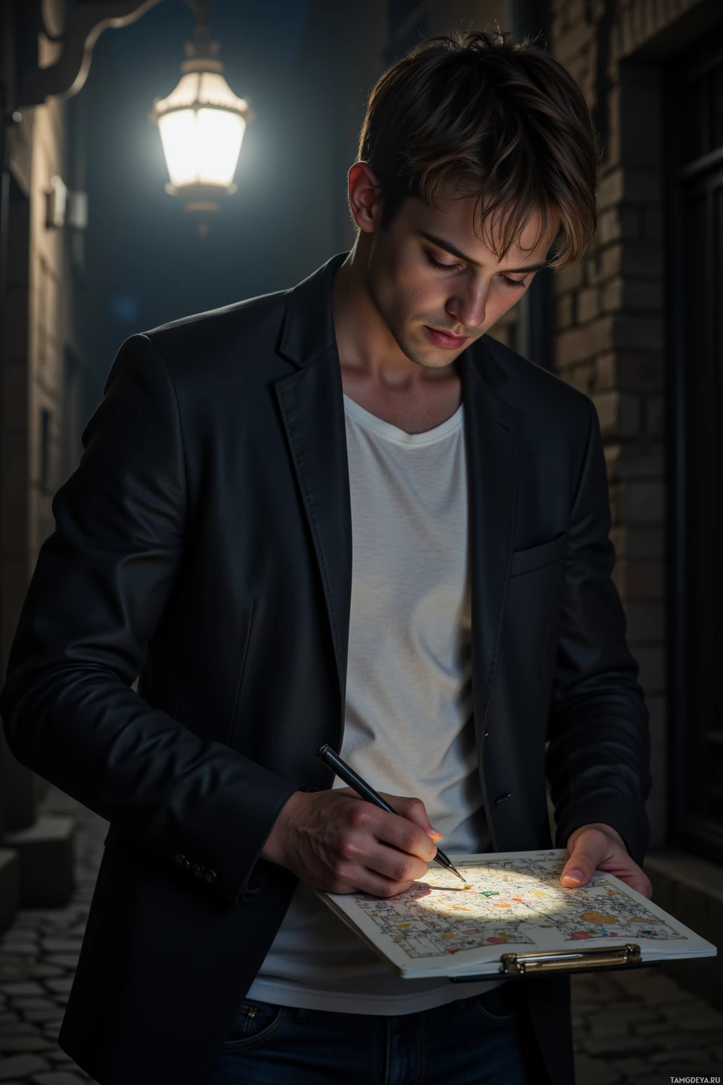 Мужчина в пиджаке и джинсах рисует на планшете под фонарём.