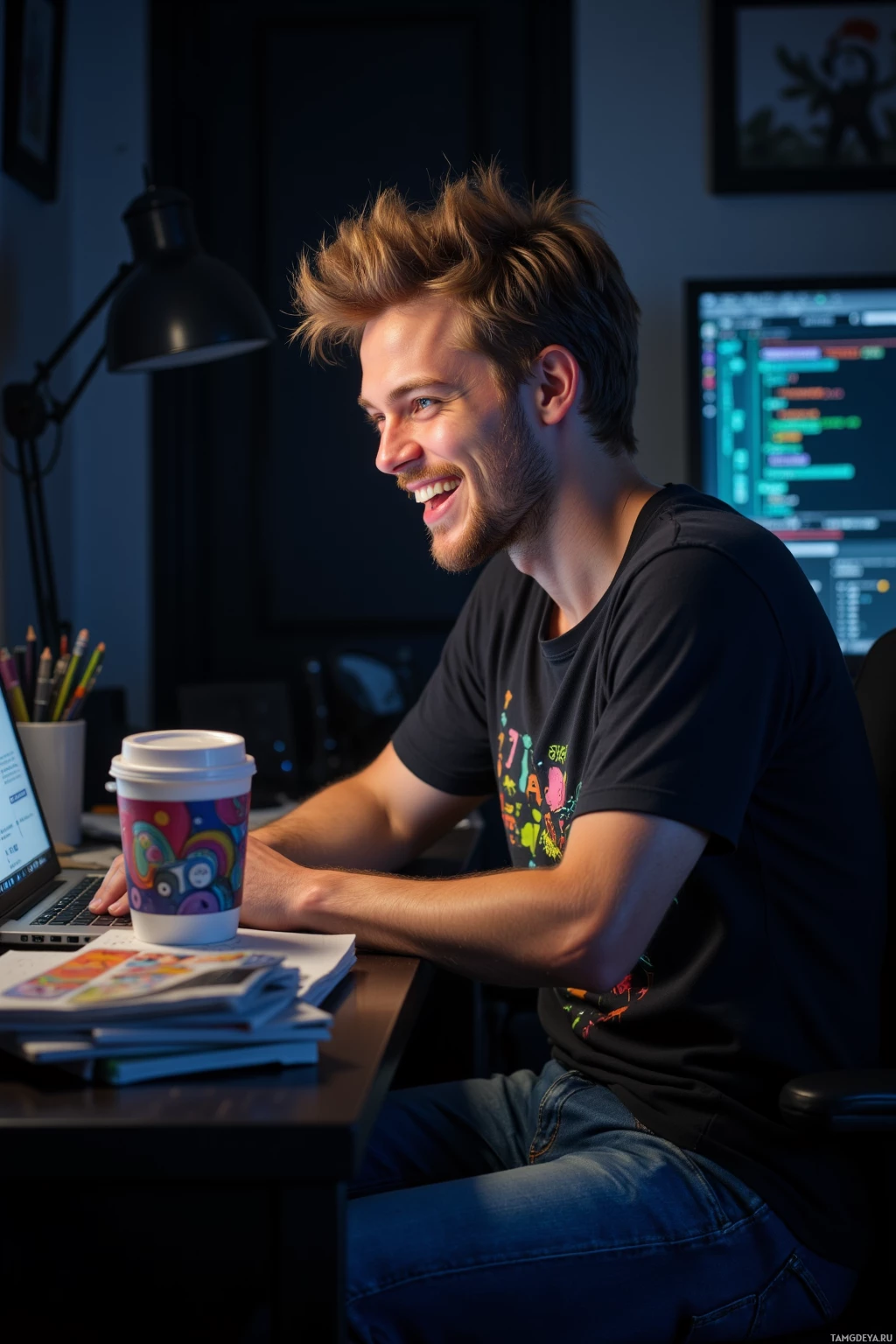 Человек сидит за столом с ноутбуком, чашкой кофе и бумагами, улыбаясь и глядя на экран.