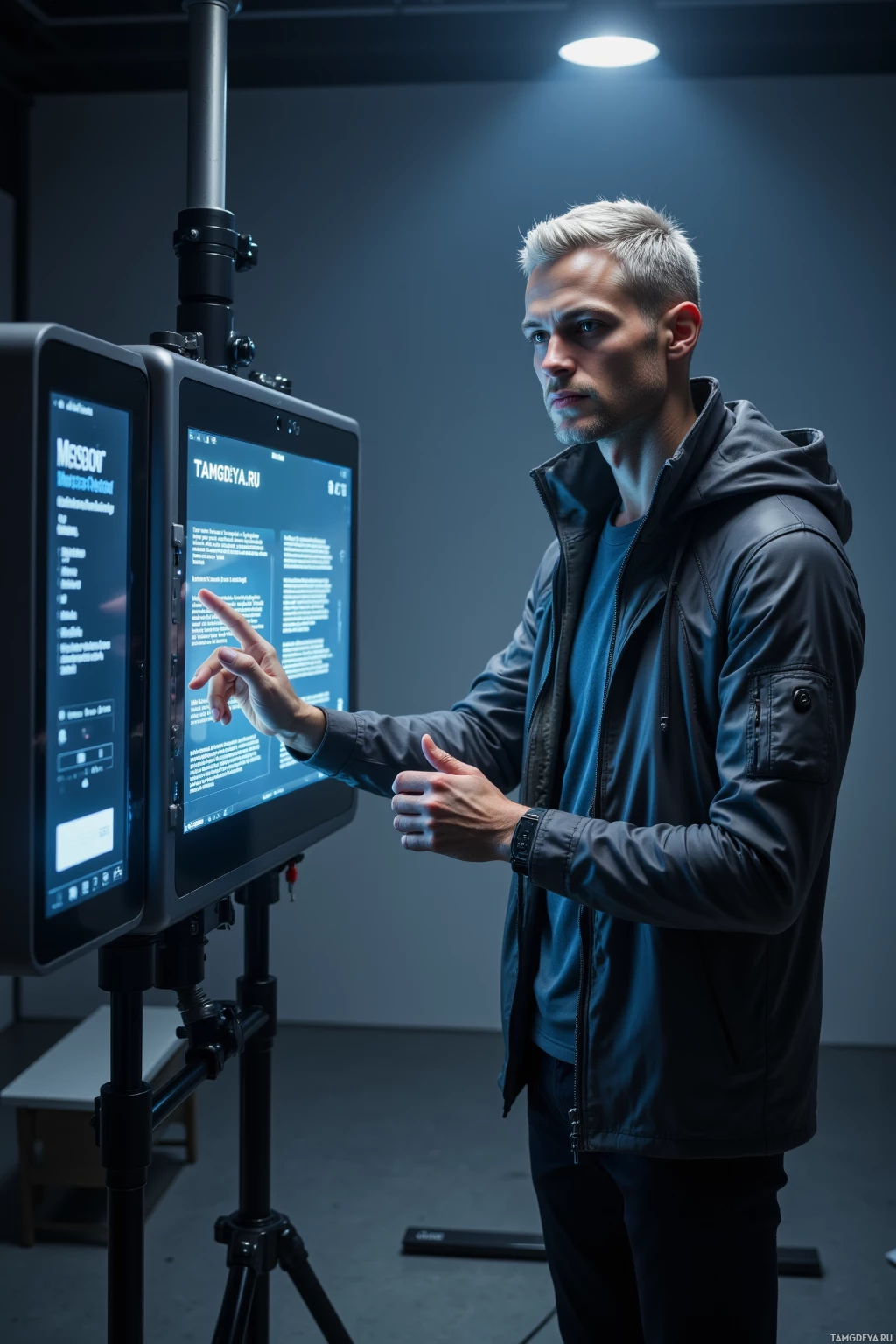 Мужчина в куртке взаимодействует с большим монитором в полумраке комнаты.